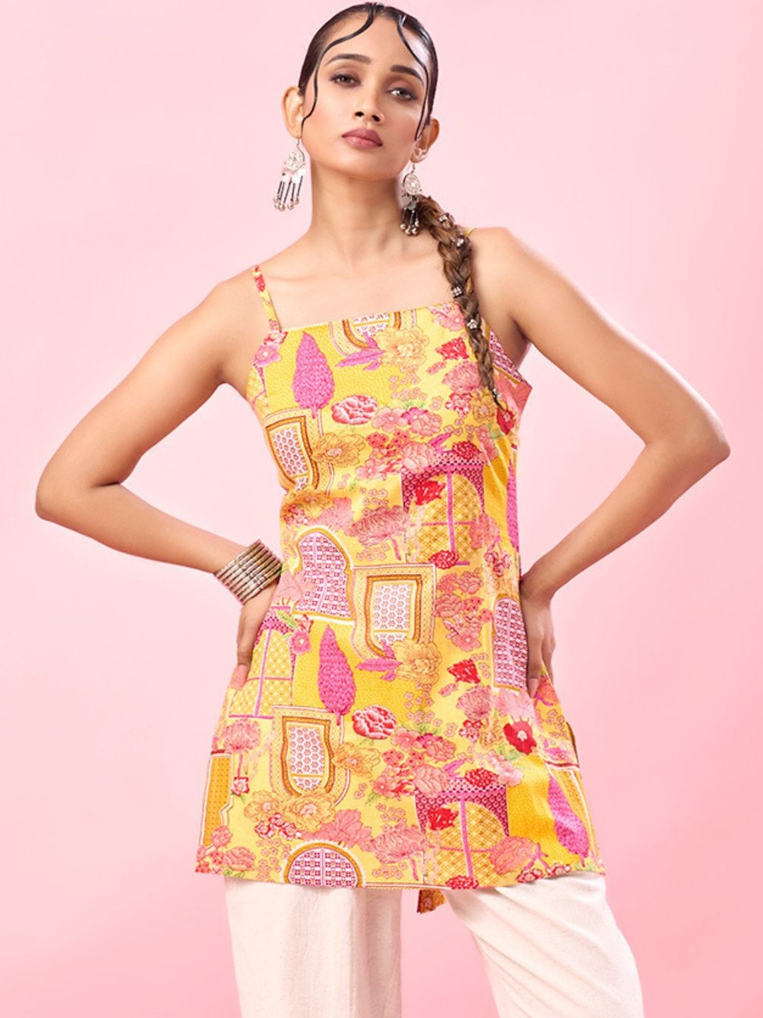 Kaftanize Ethnic Motifs Printed Square Neck Pure Cotton Kurti