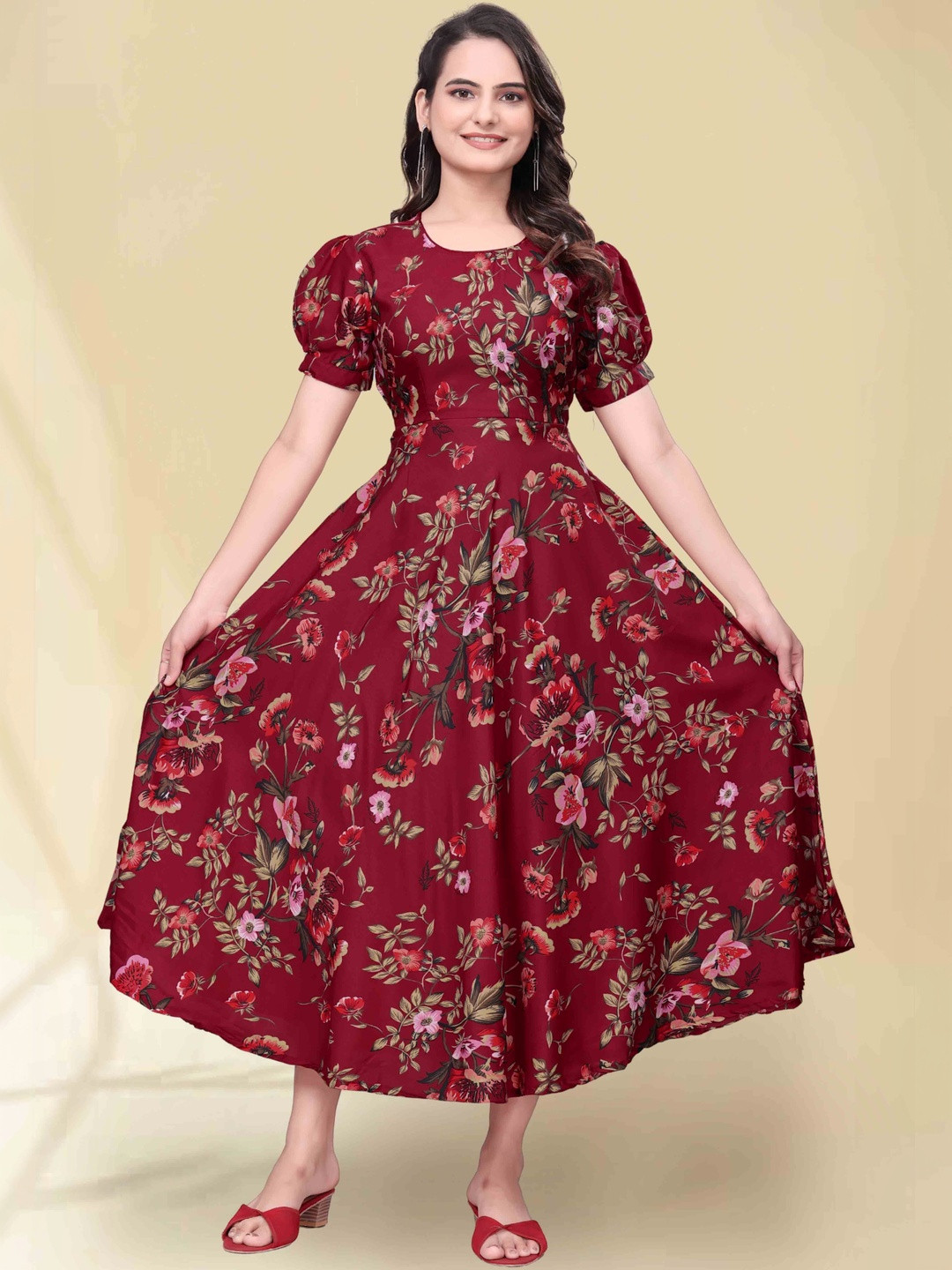 QENA Floral Print Puff Sleeve Georgette Fit & Flare Midi Dress