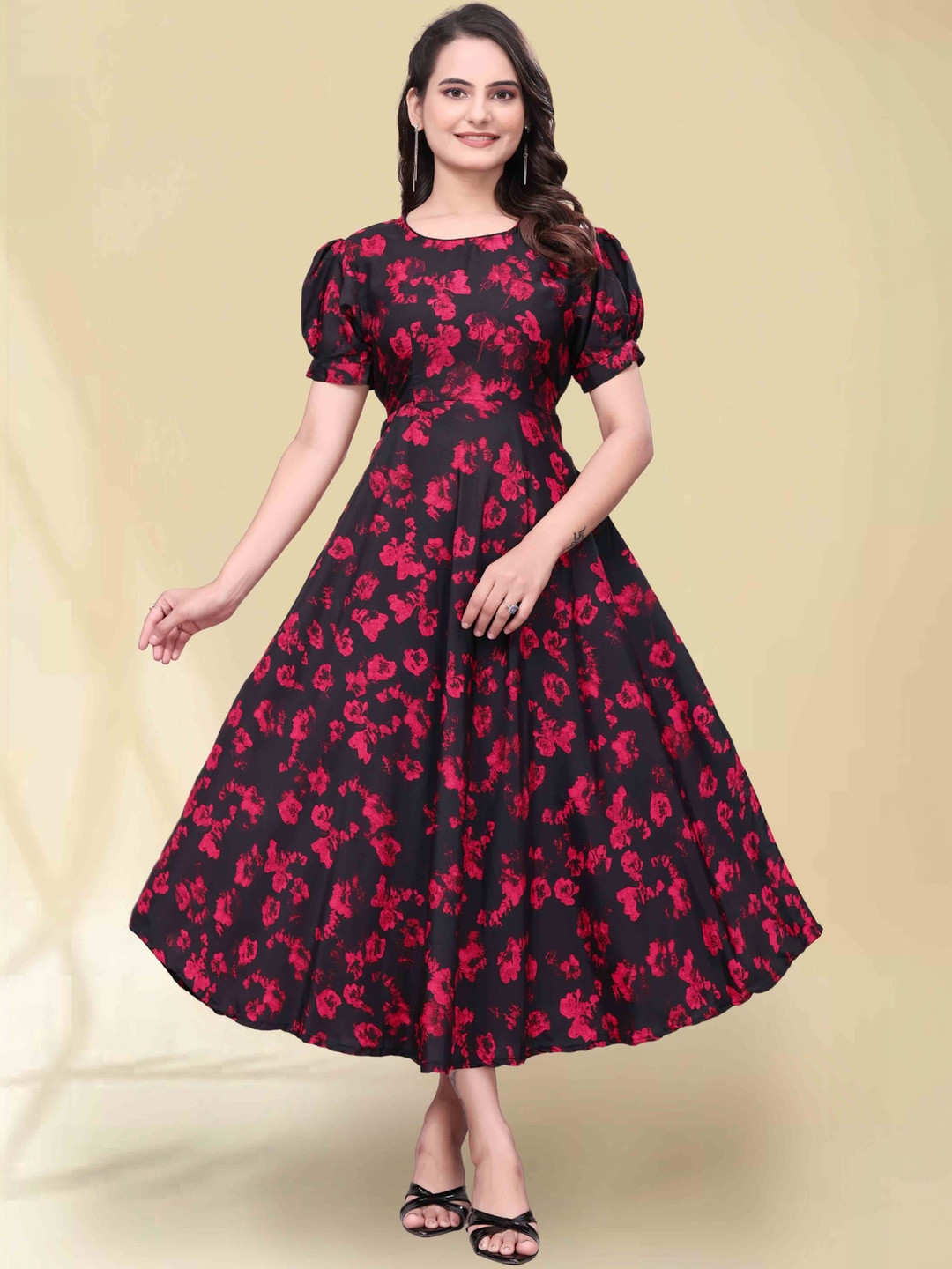 QENA Floral Print Puff Sleeve Applique Georgette Fit & Flare Midi Dress