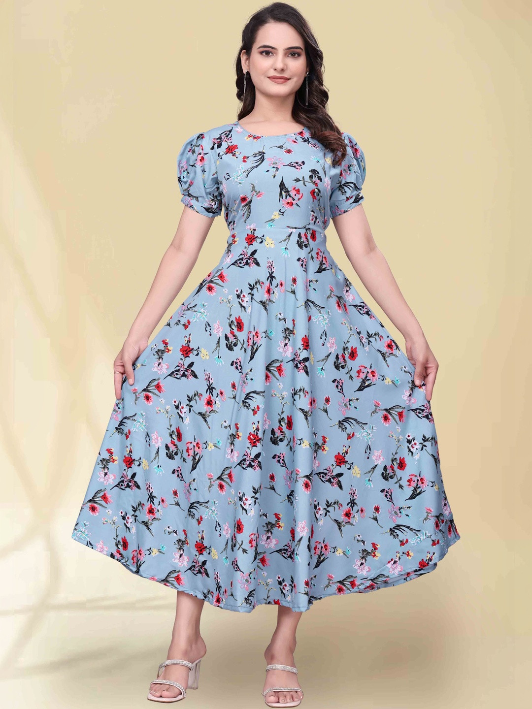 QENA Floral Print Puff Sleeve Applique Georgette Fit & Flare Dress