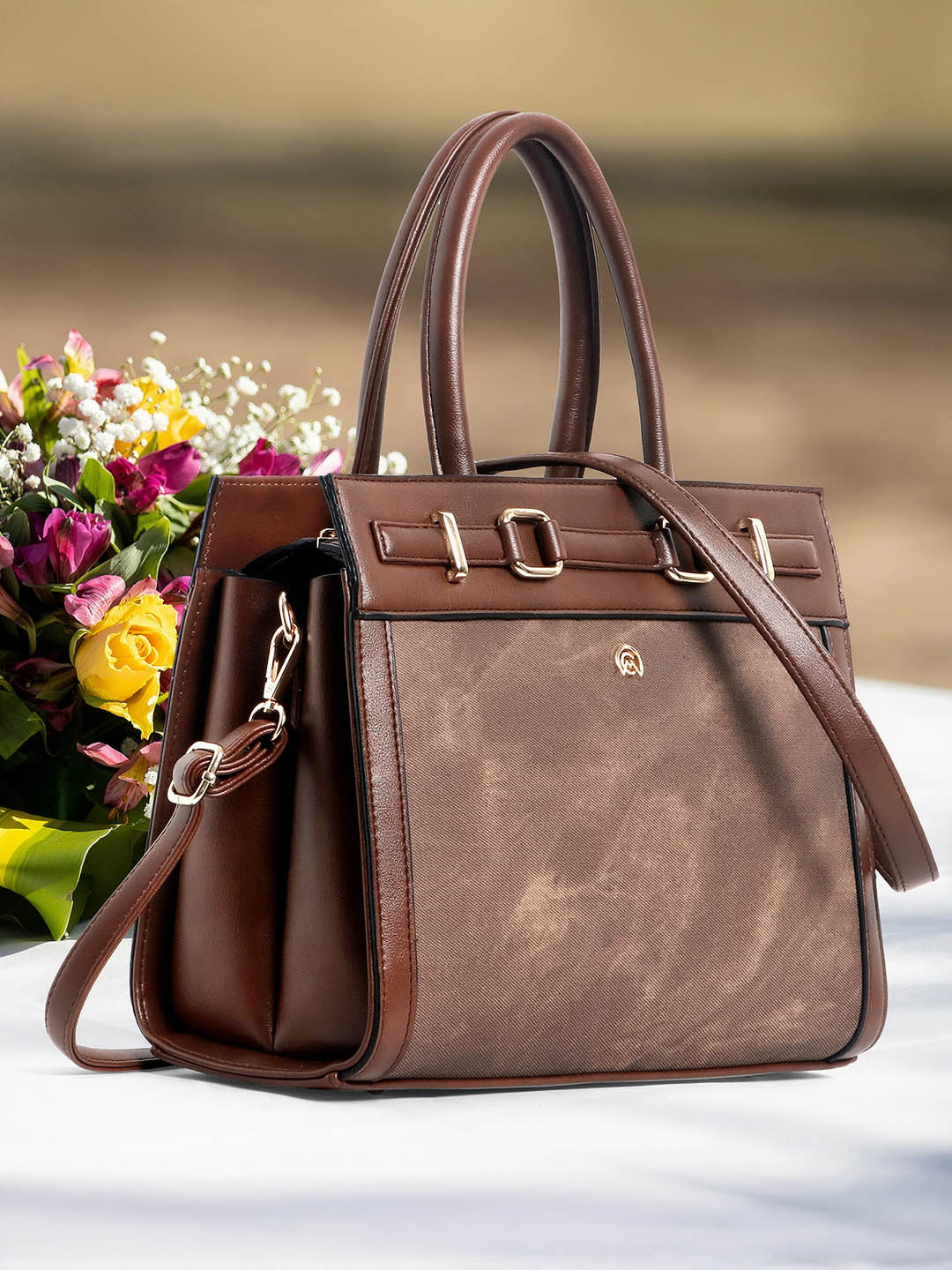 Martucci Women Brown Structured Satchel Handbag with Detachable Sling Strap