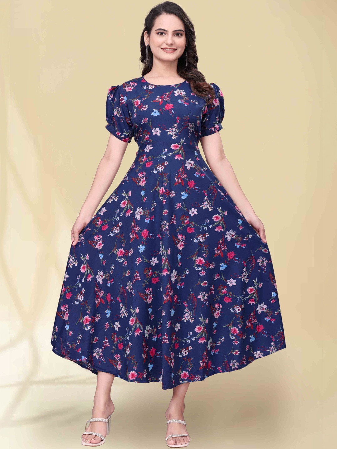 QENA Print Puff Sleeve Applique Georgette Fit & Flare Dress
