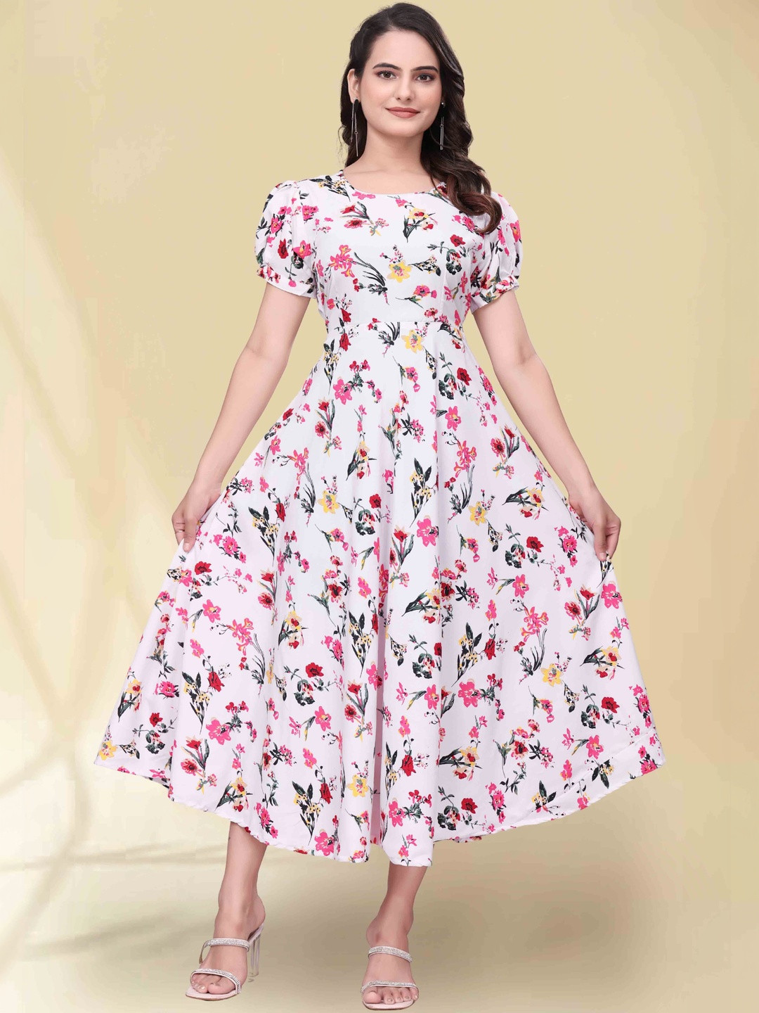 QENA Floral Print Puff Sleeve Georgette Fit & Flare Midi Dress