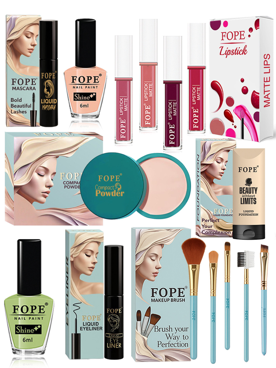 FOPE Set Of 15 Foundation, Compact, Mascara, Lipstick, Nail Polish & Brush Set