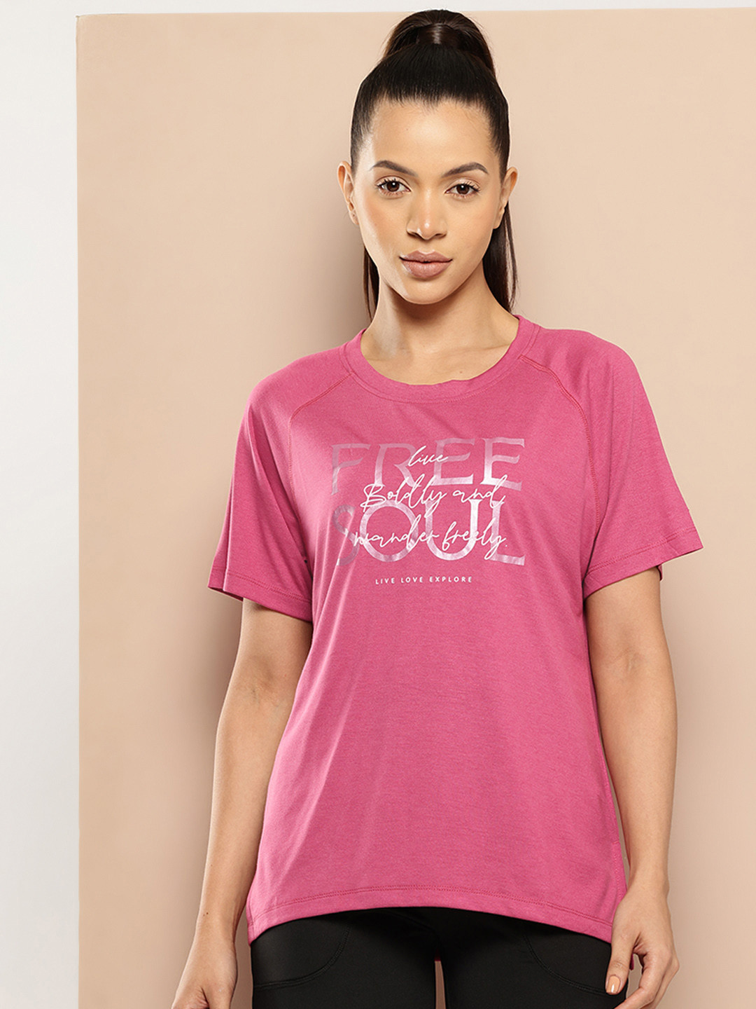 Alcis Women Soft Tech Pink Tshirts Typography Printed Solid T-shirt