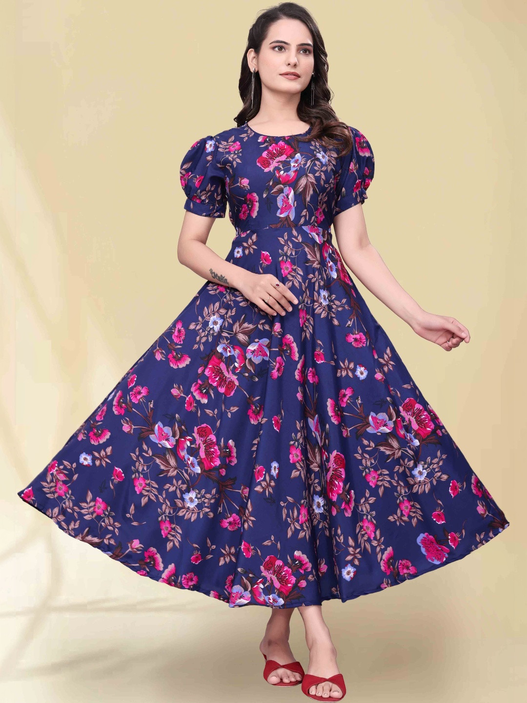 QENA Floral Print Puff Sleeve Applique Georgette Fit & Flare Midi Dress