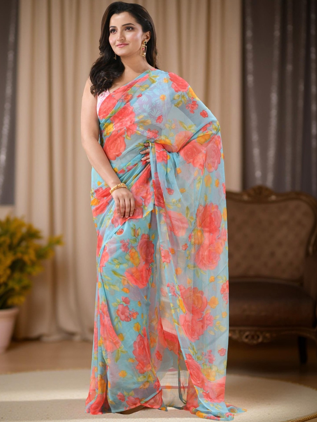 DESH BIDESH Floral Pure Chiffon Mysore Silk Saree