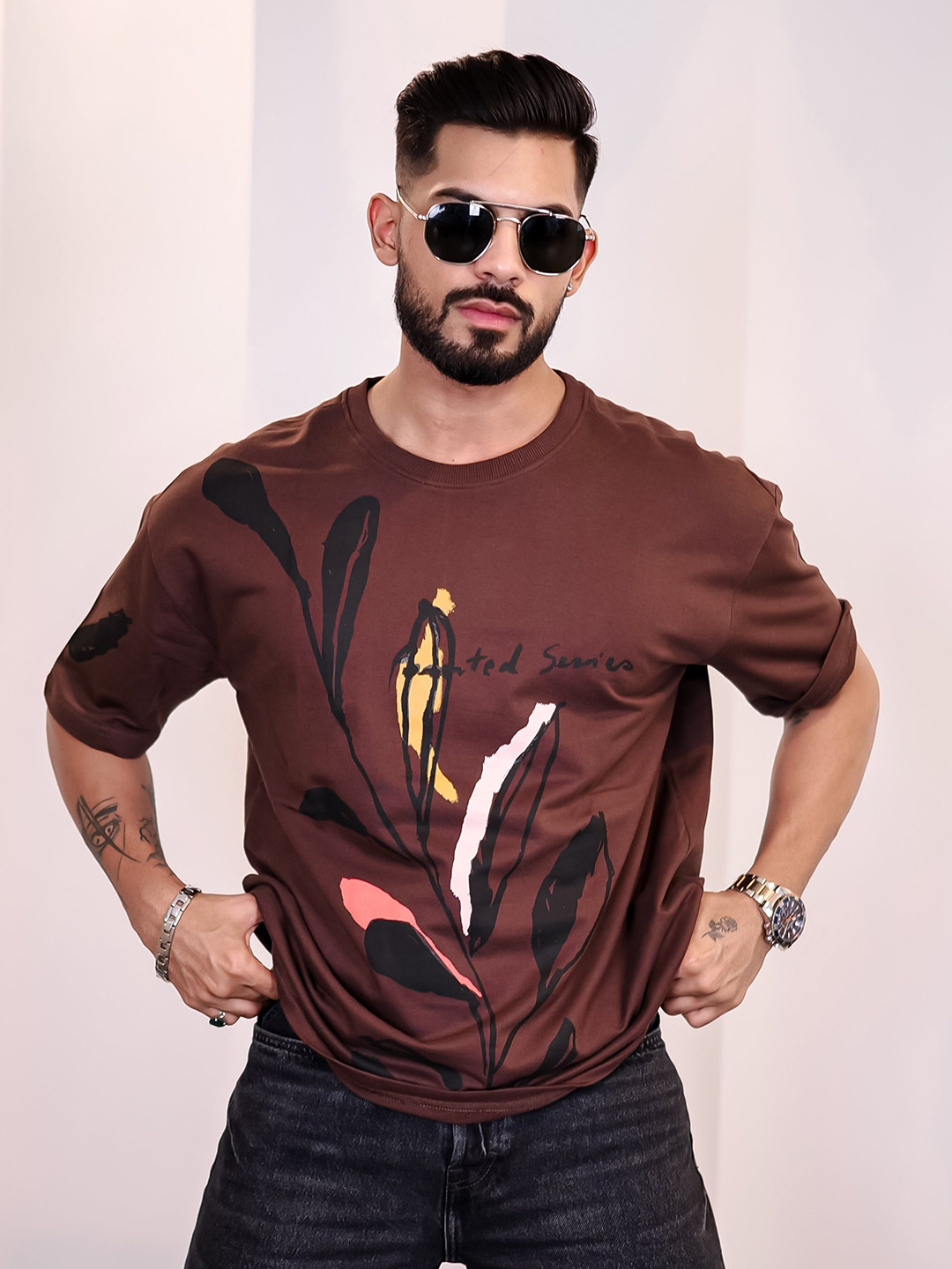 Eszett Men Floral Printed Round Neck Cotton Oversized T-shirt