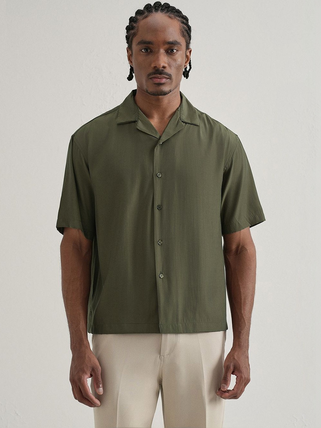 Banana Club Plain Sheen Polyester Short Sleeves Boxy Fit Shirt