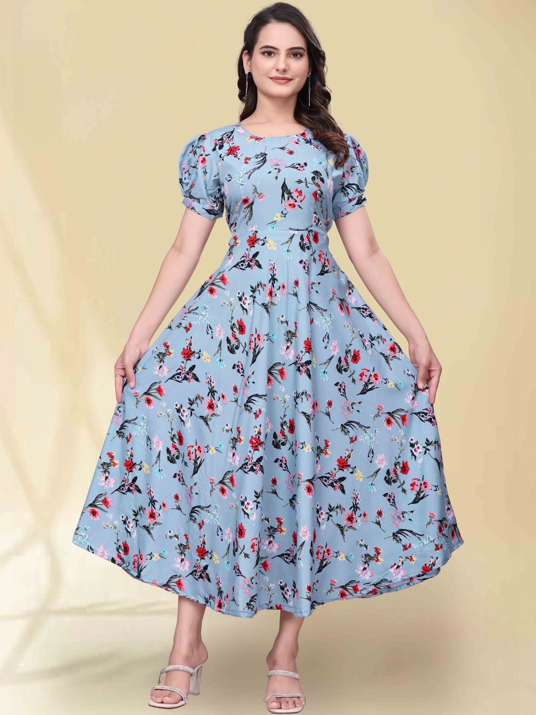 QENA Floral Print Puff Sleeve Applique Georgette Fit & Flare Midi Dress