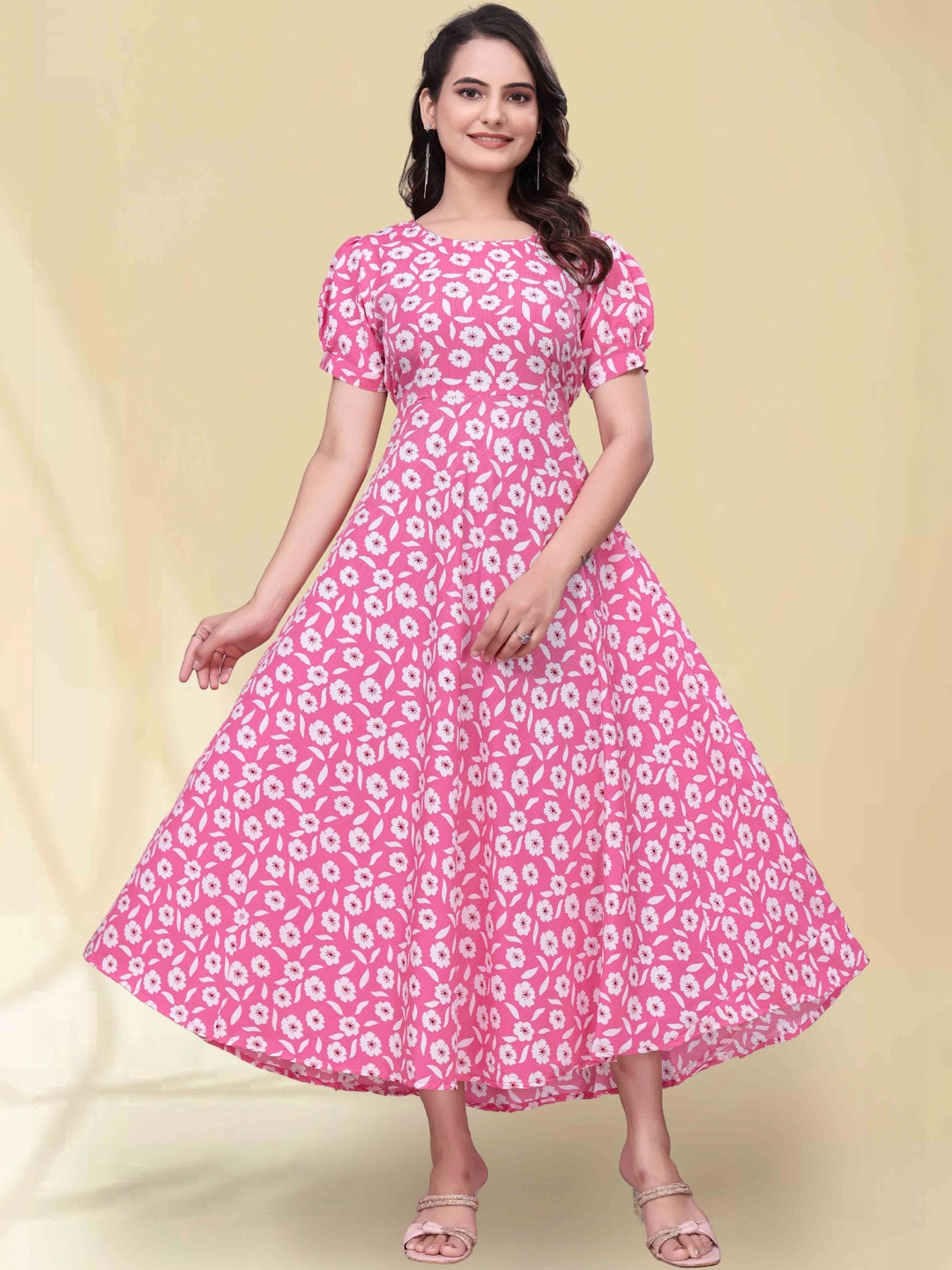 QENA Floral Print Puff Sleeve Applique Georgette Fit & Flare Maxi Dress