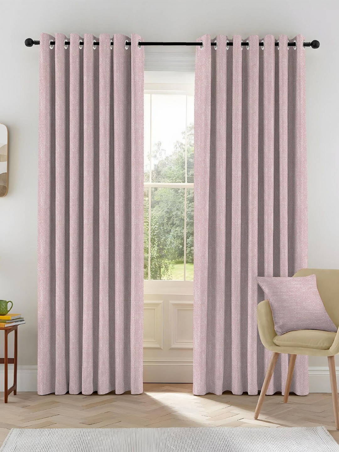 Myntra Elegant Homes Pink Set of 2 Geometric Black Out Door Curtain