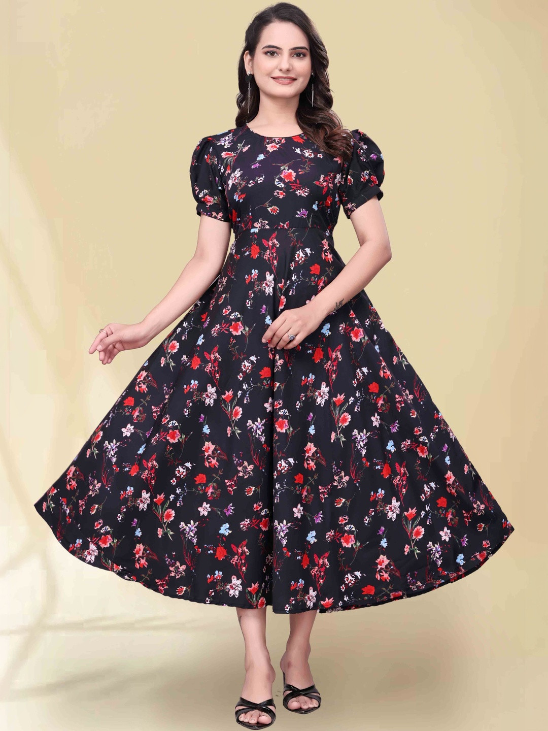 QENA Floral Print Puff Sleeve Georgette Fit & Flare Midi Dress
