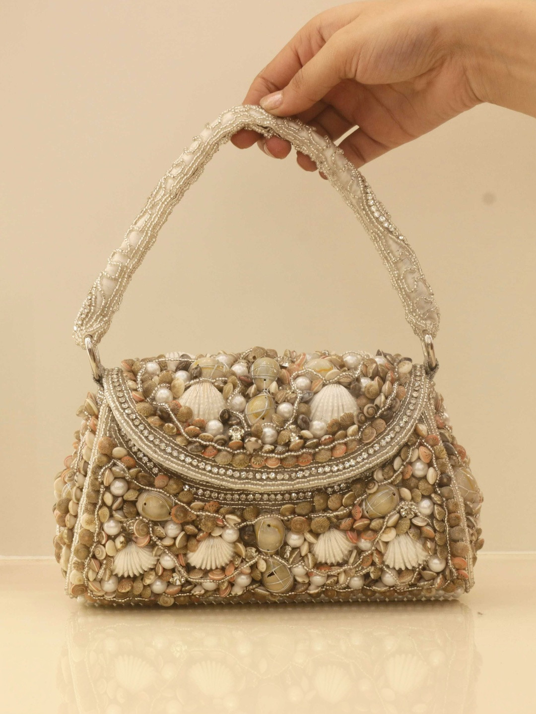 CHICLOSET Women Silver Embellished Handbag with Top Handle