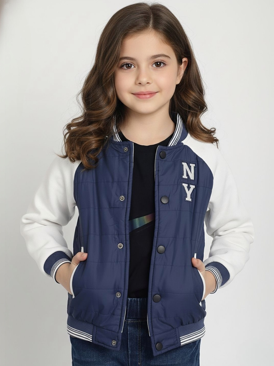 HOUSE OF VEDAS Girls Brand Logo Colourblocked Varsity Jacket