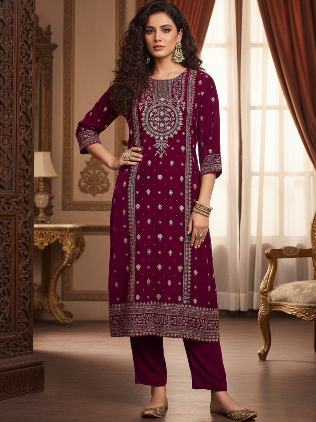 Varanga Women Ethnic Motifs Embroidered Velvet Kurta with Trousers
