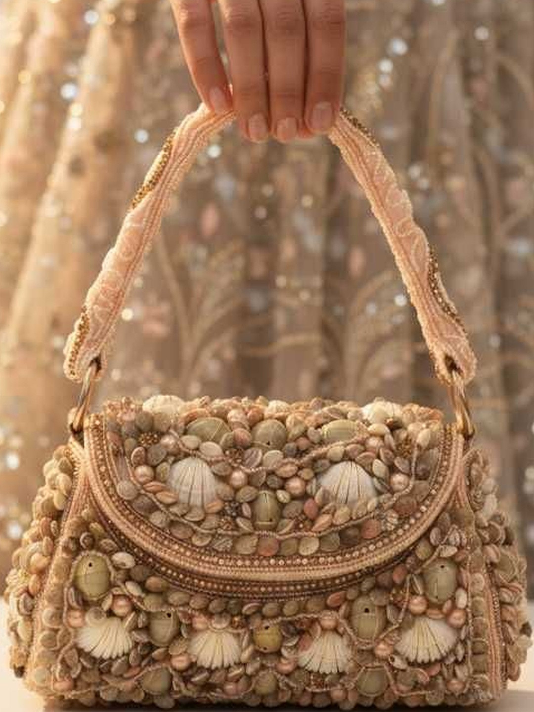 CHICLOSET Women Rose Gold Embellished Handbag with Top Handle