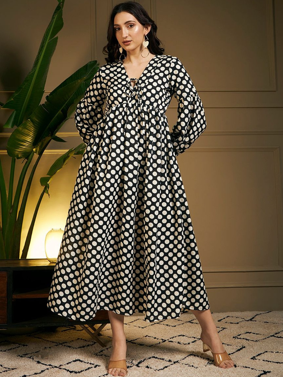 Meeranshi Polka Dot Print Tie-Up Neck Puff Sleeve Empire Midi Dress