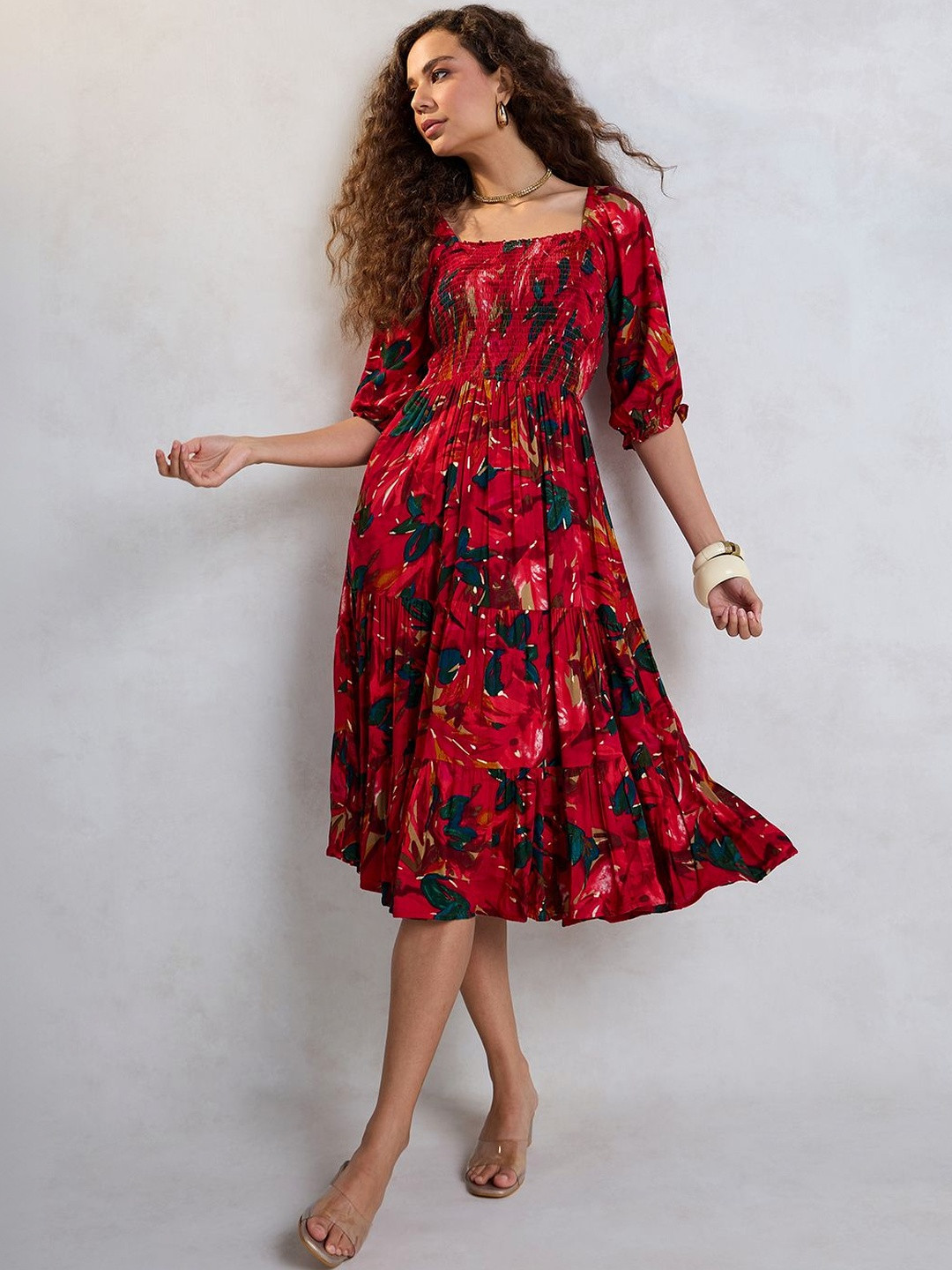 FLOWERVELLY Floral Print Puff Sleeve Fit & Flare Midi Dress