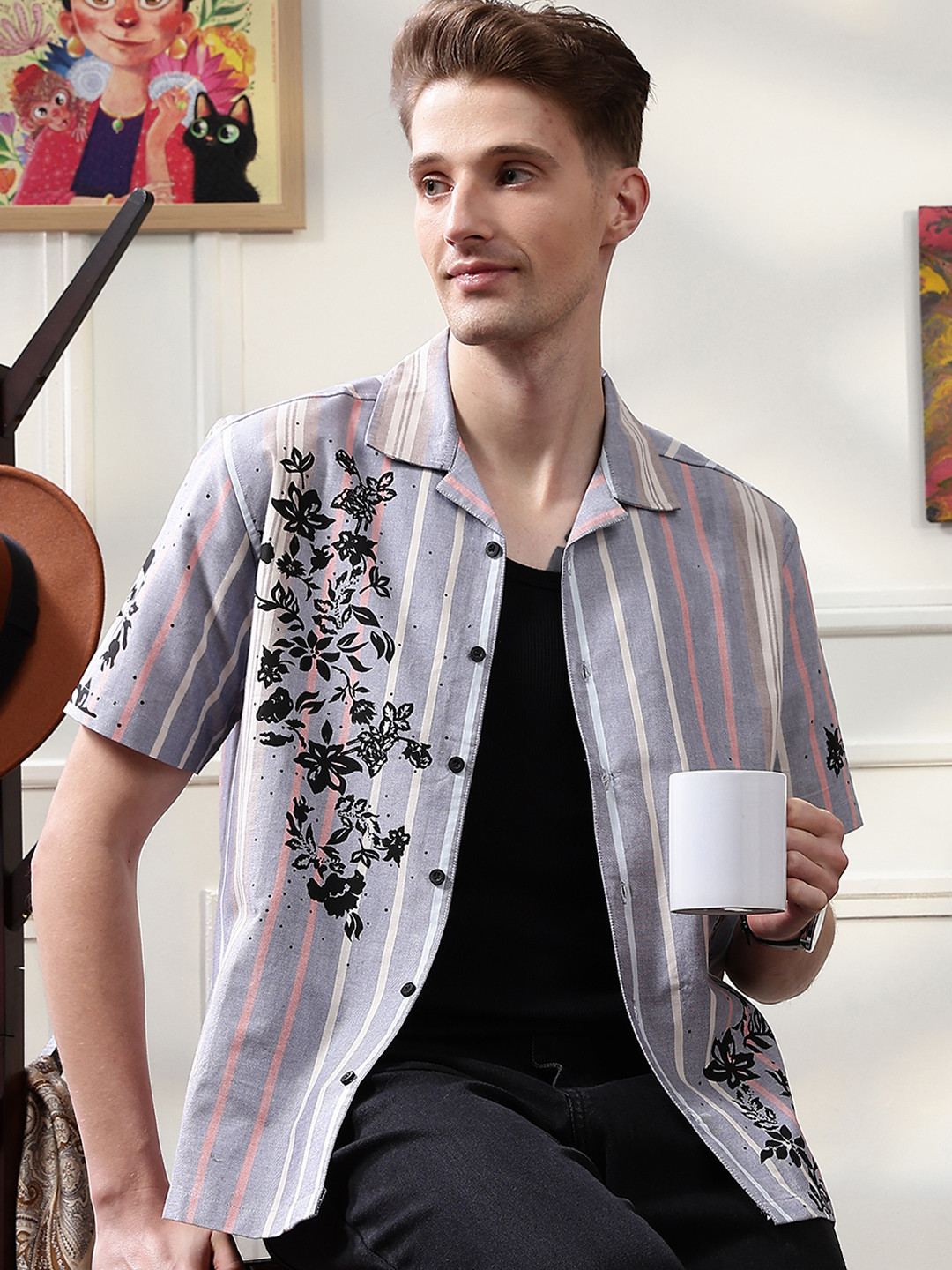 Eszett Men Vertical Striped Spread Collar Cotton Casual Shirt