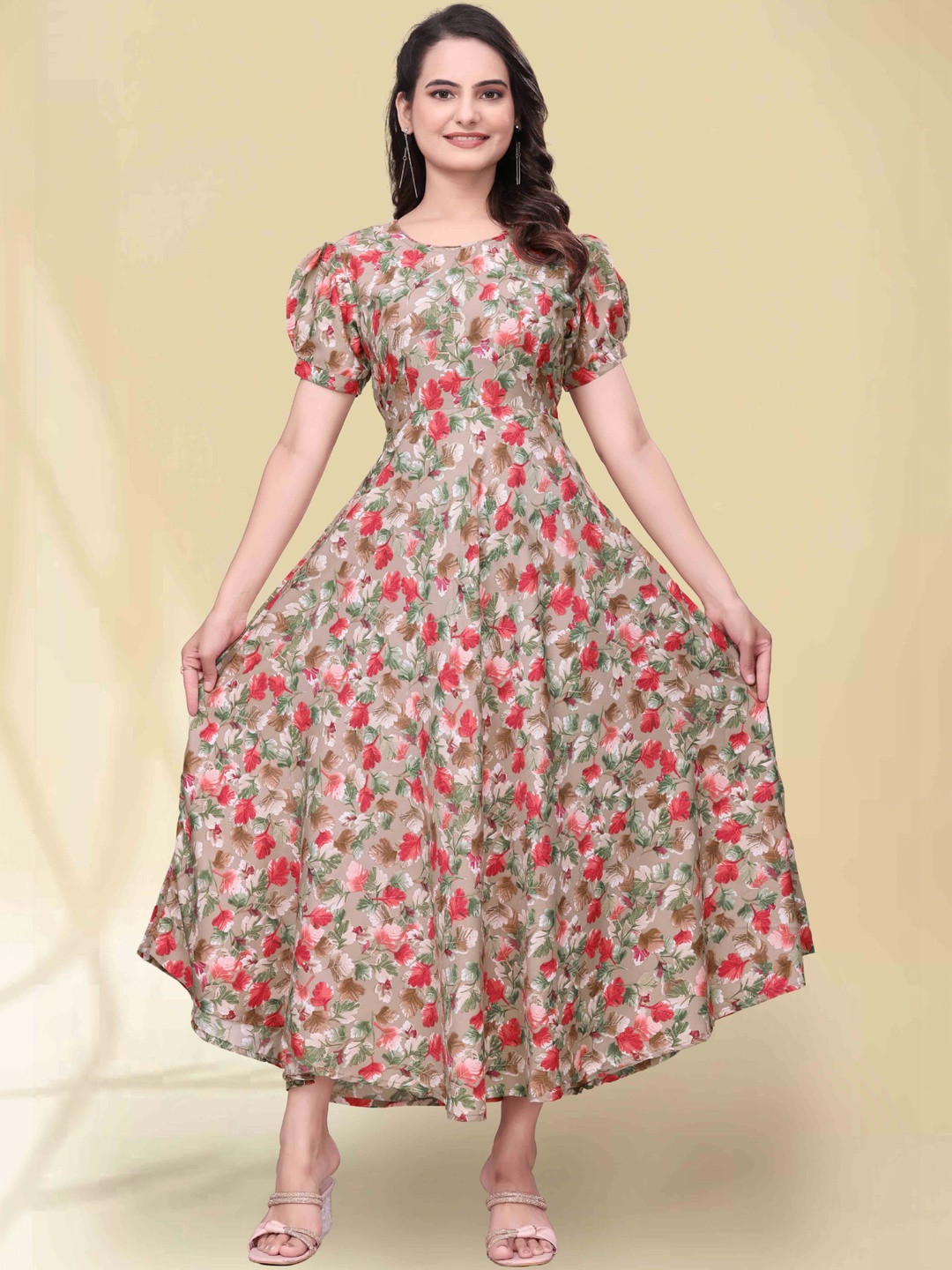 QENA Floral Print Puff Sleeve Georgette Fit & Flare Maxi Dress
