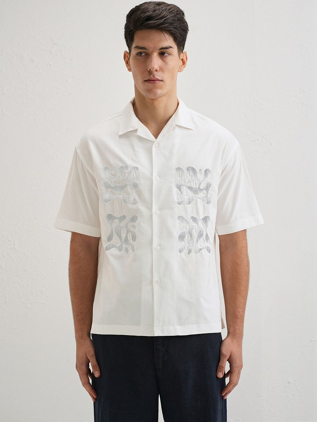 Banana Club Embroidery Cuban Abstract Cotton Short Sleeves Boxy Fit Shirt