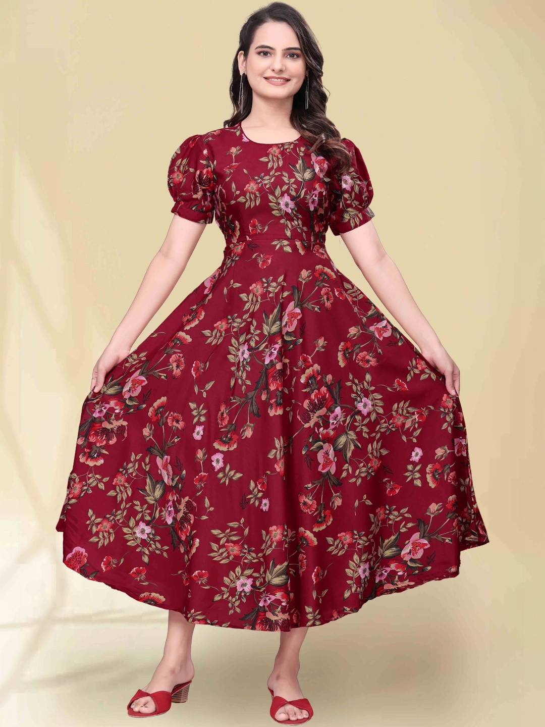 QENA Floral Print Puff Sleeve Applique Georgette Fit & Flare Midi Dress