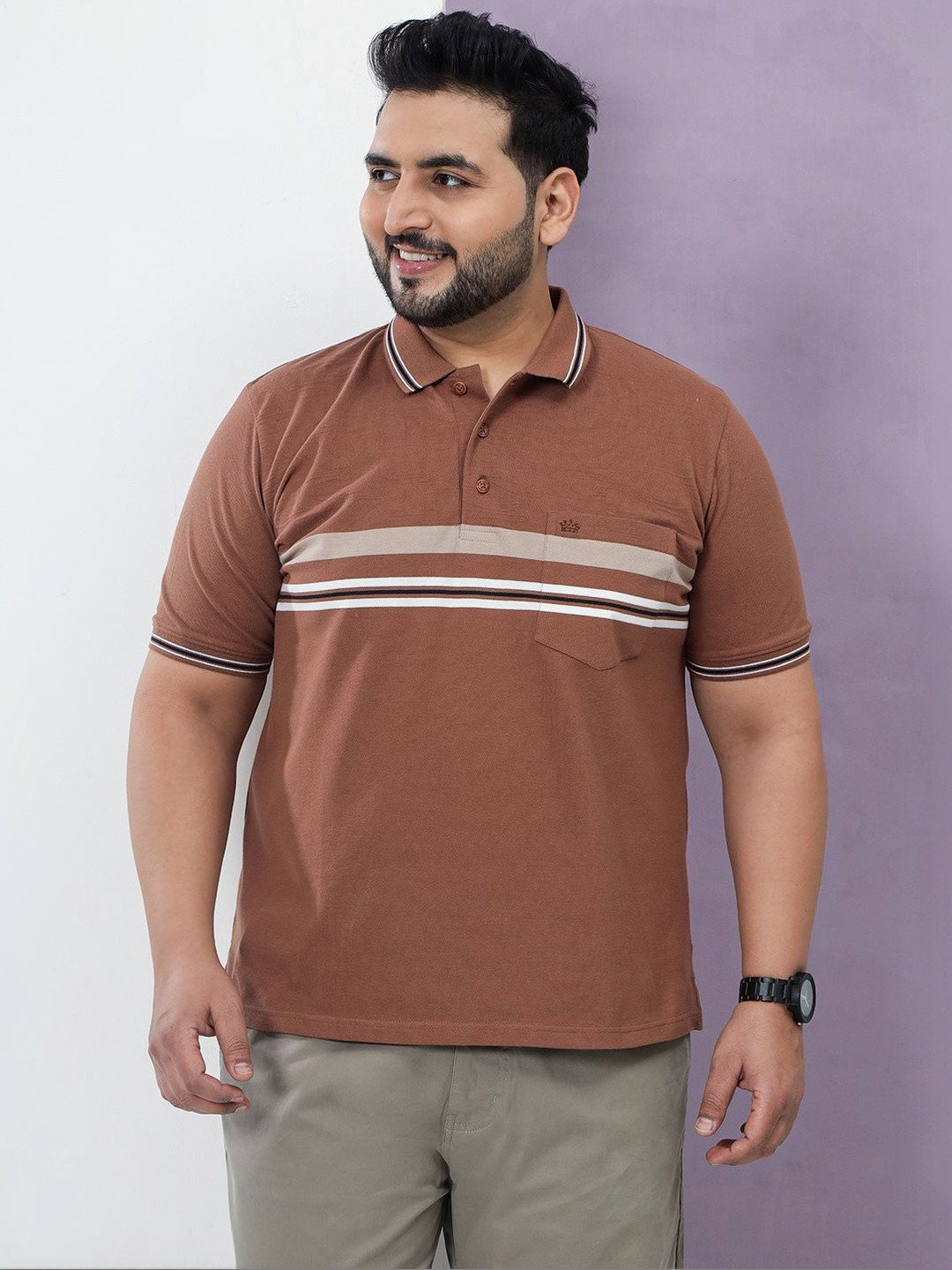 John Pride Plus Size Men Striped Polo Collar Pockets Strechable T-shirt