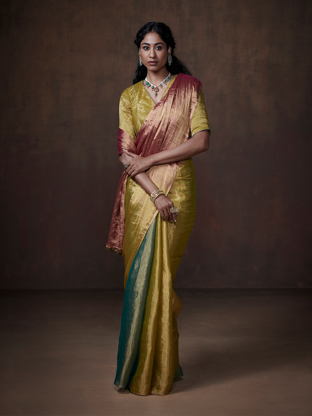 Dressfolk Multicolour Chanderi Tissue Saree With Unstitched Blouse Fabric