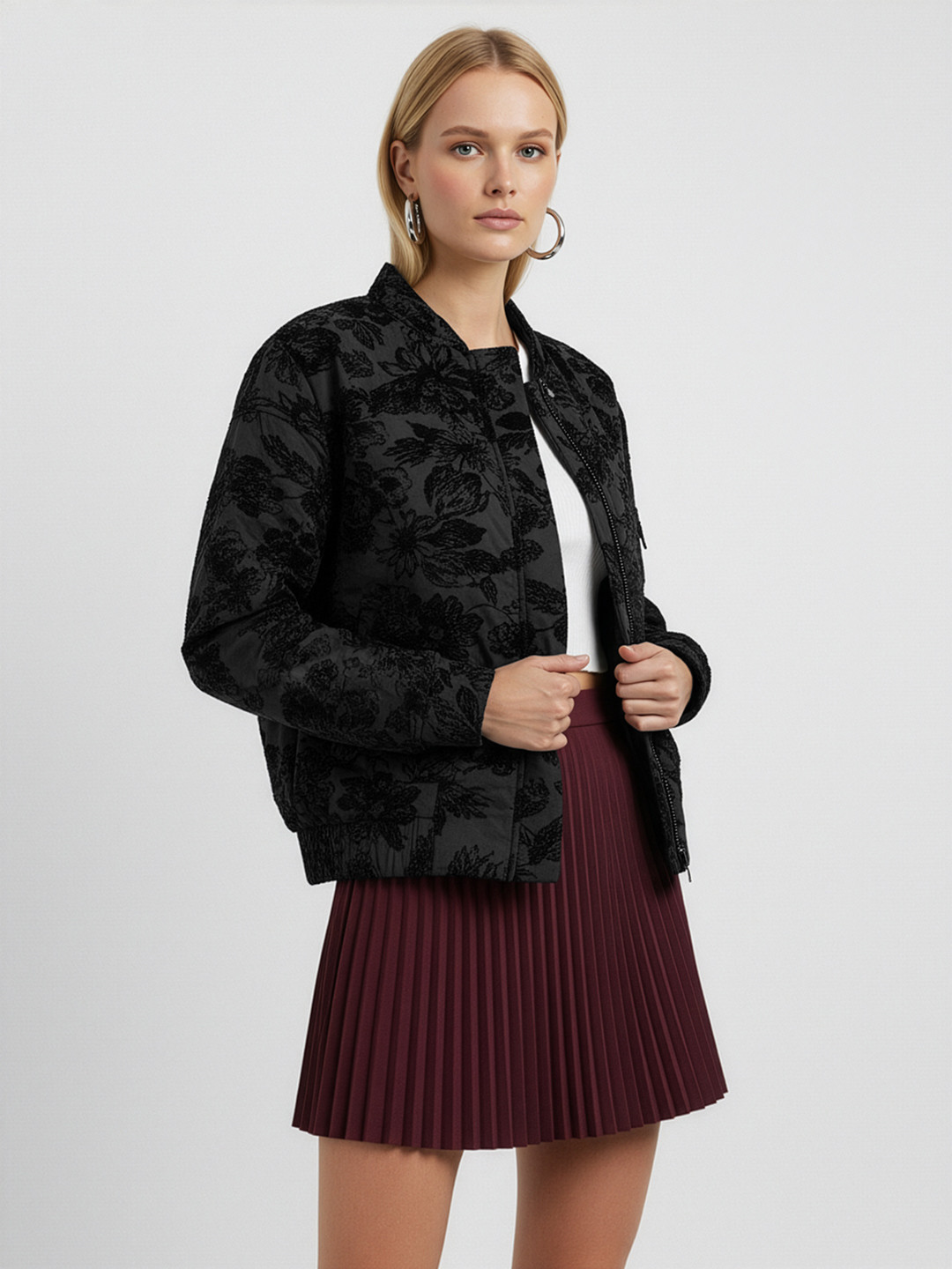 French Connection Floral Self Design Stand Collar Bomber Jacket