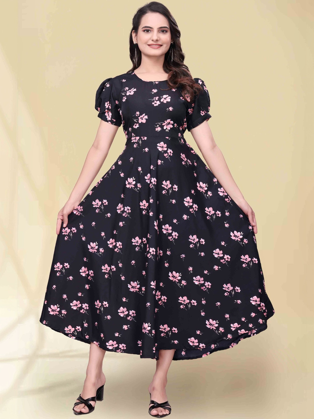 QENA Floral Print Puff Sleeve Georgette Fit & Flare Midi Dress