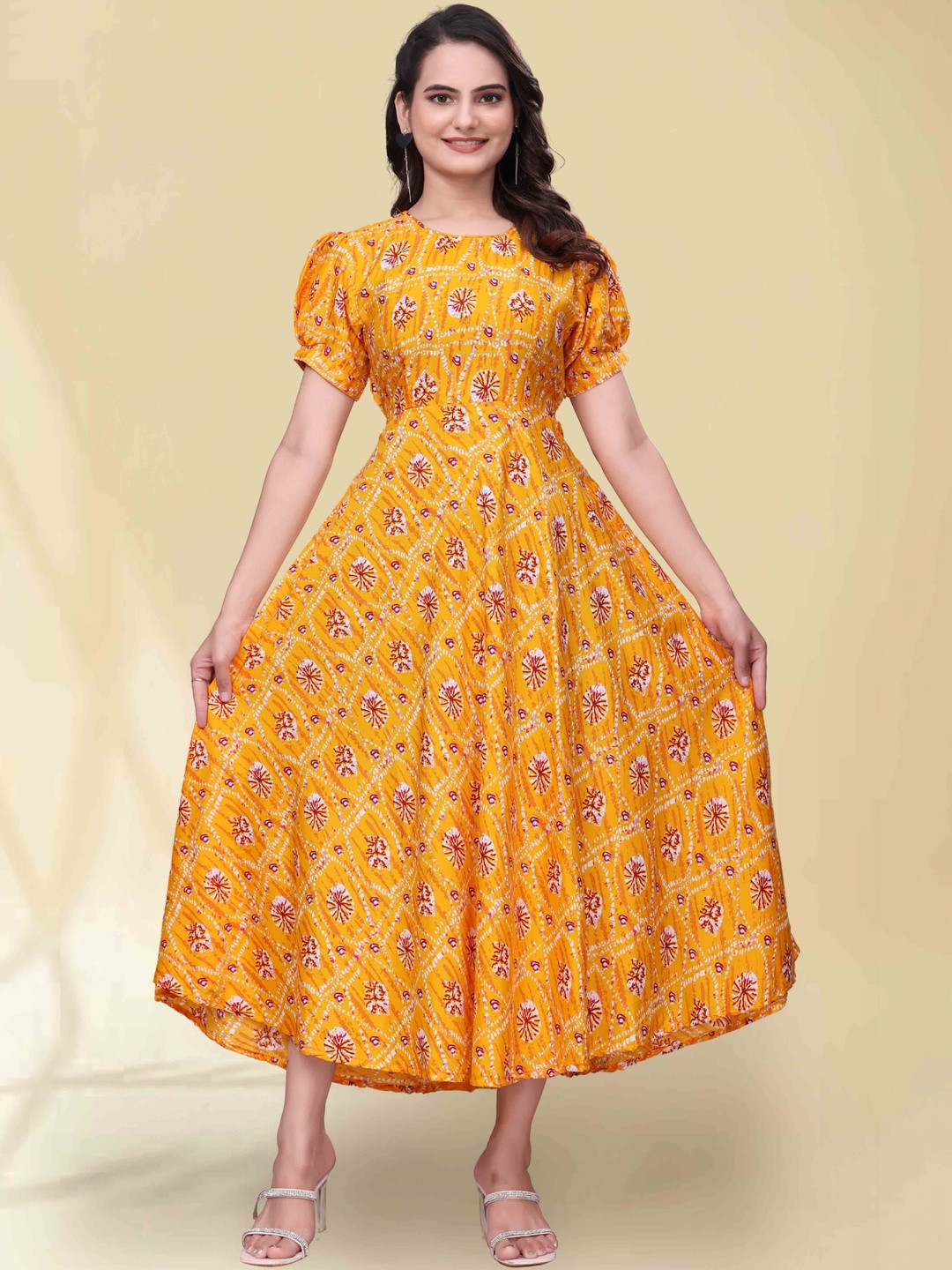 QENA Print Puff Sleeve Applique Georgette Fit & Flare Dress