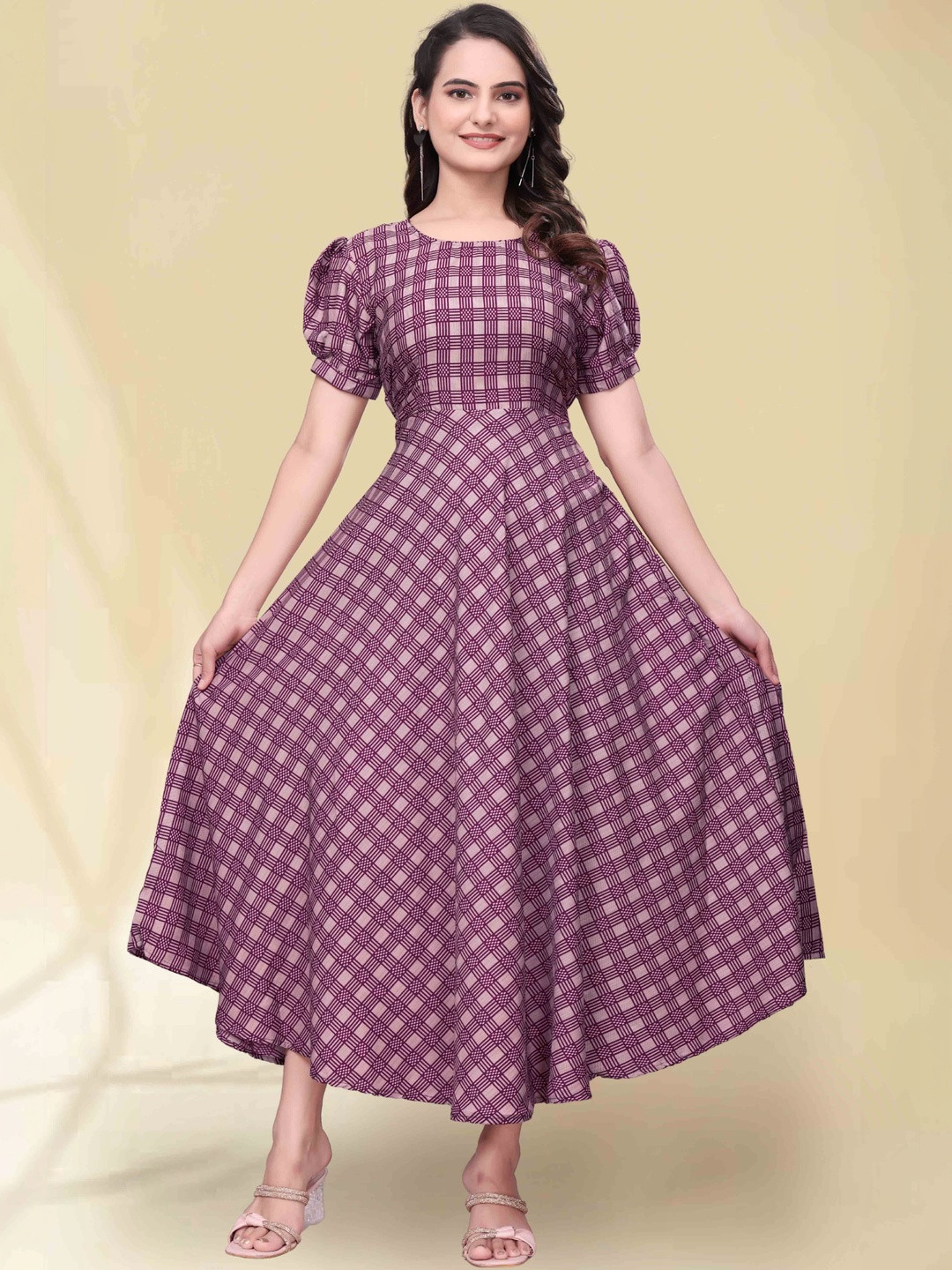 QENA Checked Puff Sleeve Applique Georgette Fit & Flare Maxi Dress