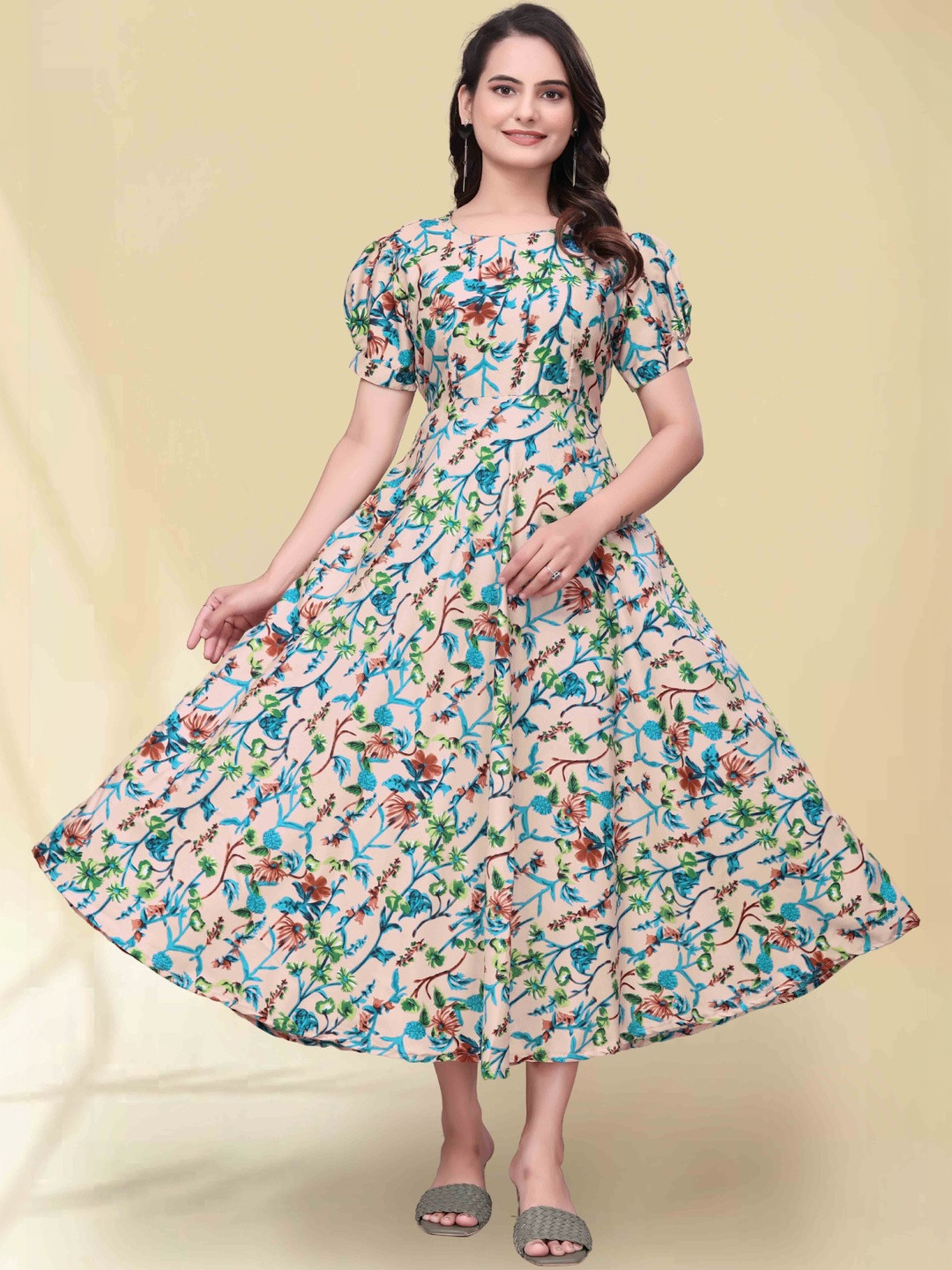 QENA Floral Print Puff Sleeve Applique Georgette Fit & Flare Midi Dress
