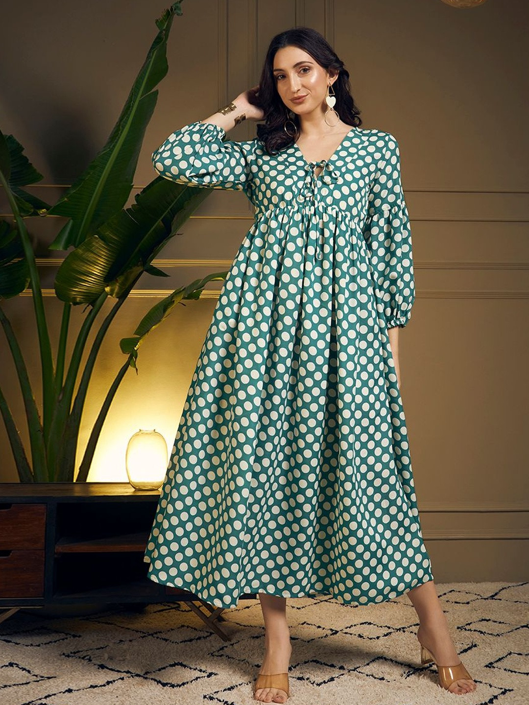 Meeranshi Polka Dot Print Tie-Up Neck Puff Sleeve Empire Midi Dress