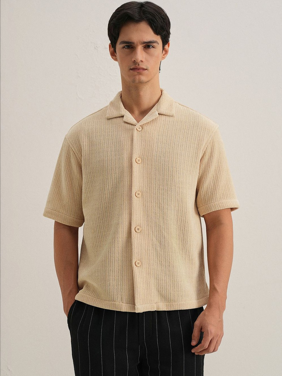 Banana Club Suede Knit Polyester Short Sleeves Boxy Fit Shirt