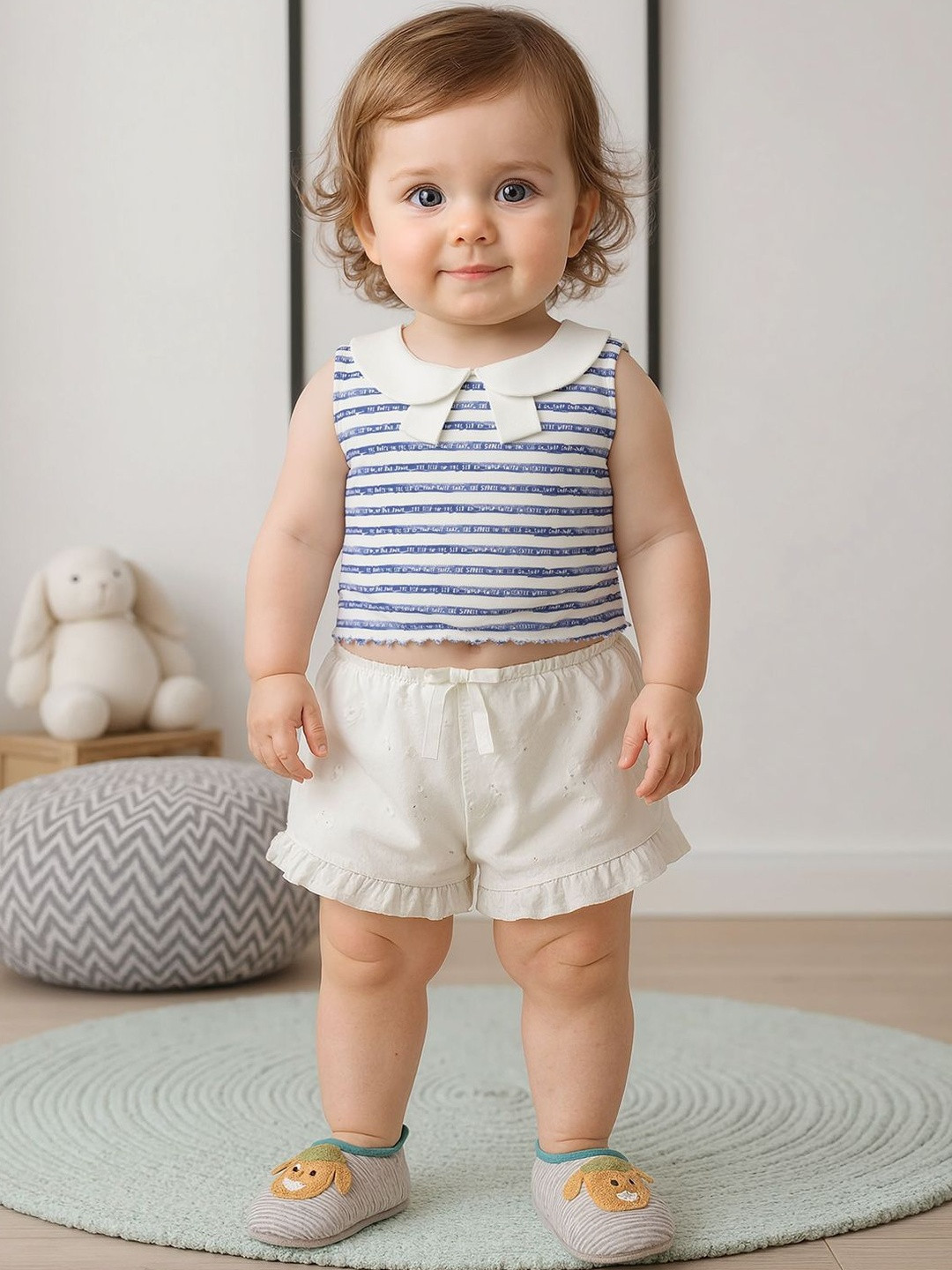 MINIKLUB Girls Blue & White Cotton Sleeveless Striped Top