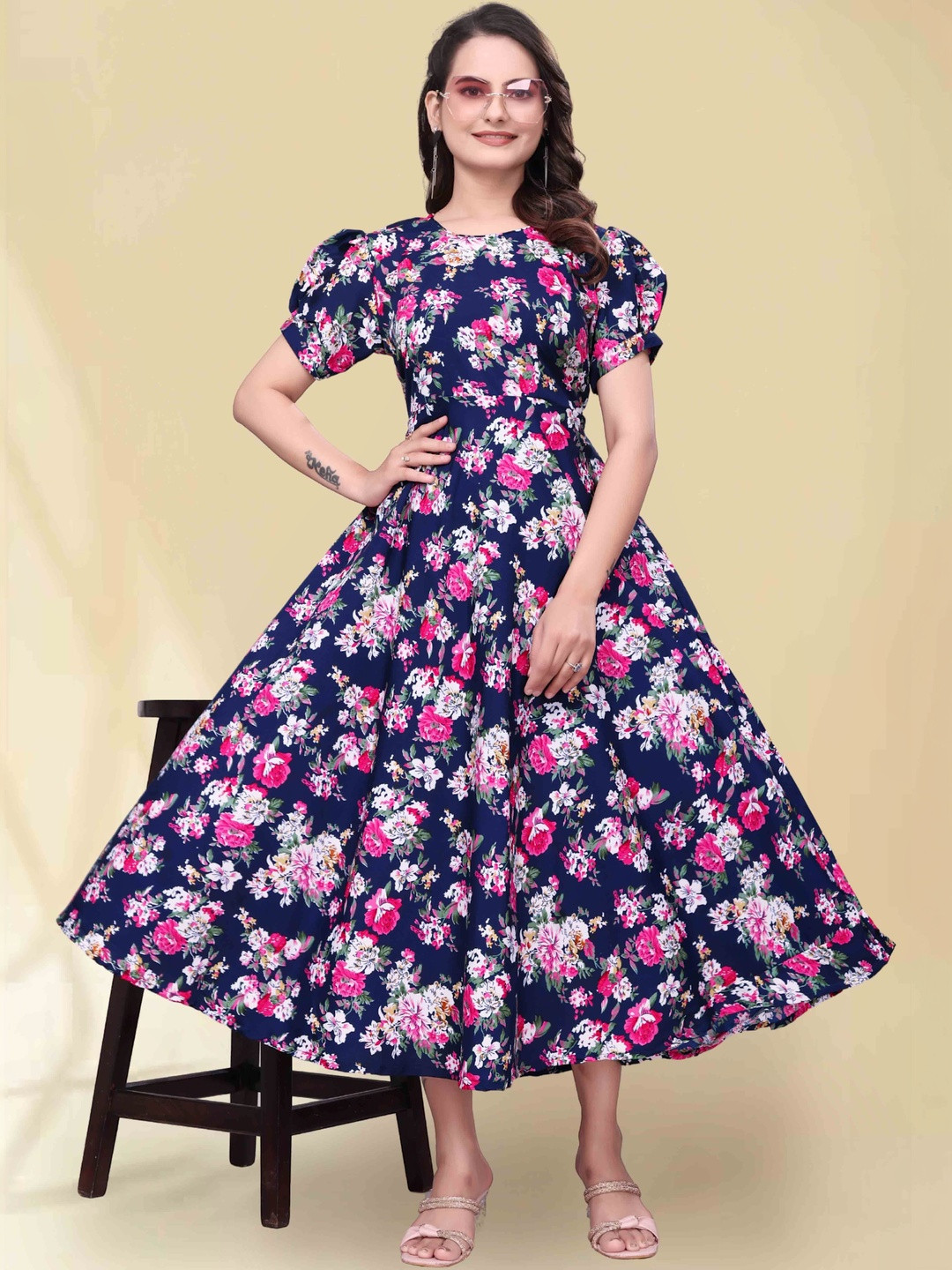 QENA Floral Print Puff Sleeve Georgette Fit & Flare Midi Dress