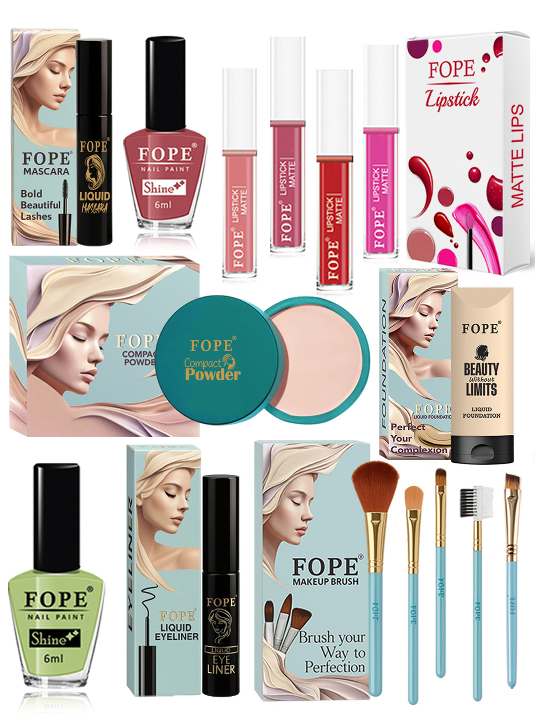 FOPE 15 Pieces Foundation, Compact, Mascara, Lipstick, Nail Polish & Brush Set