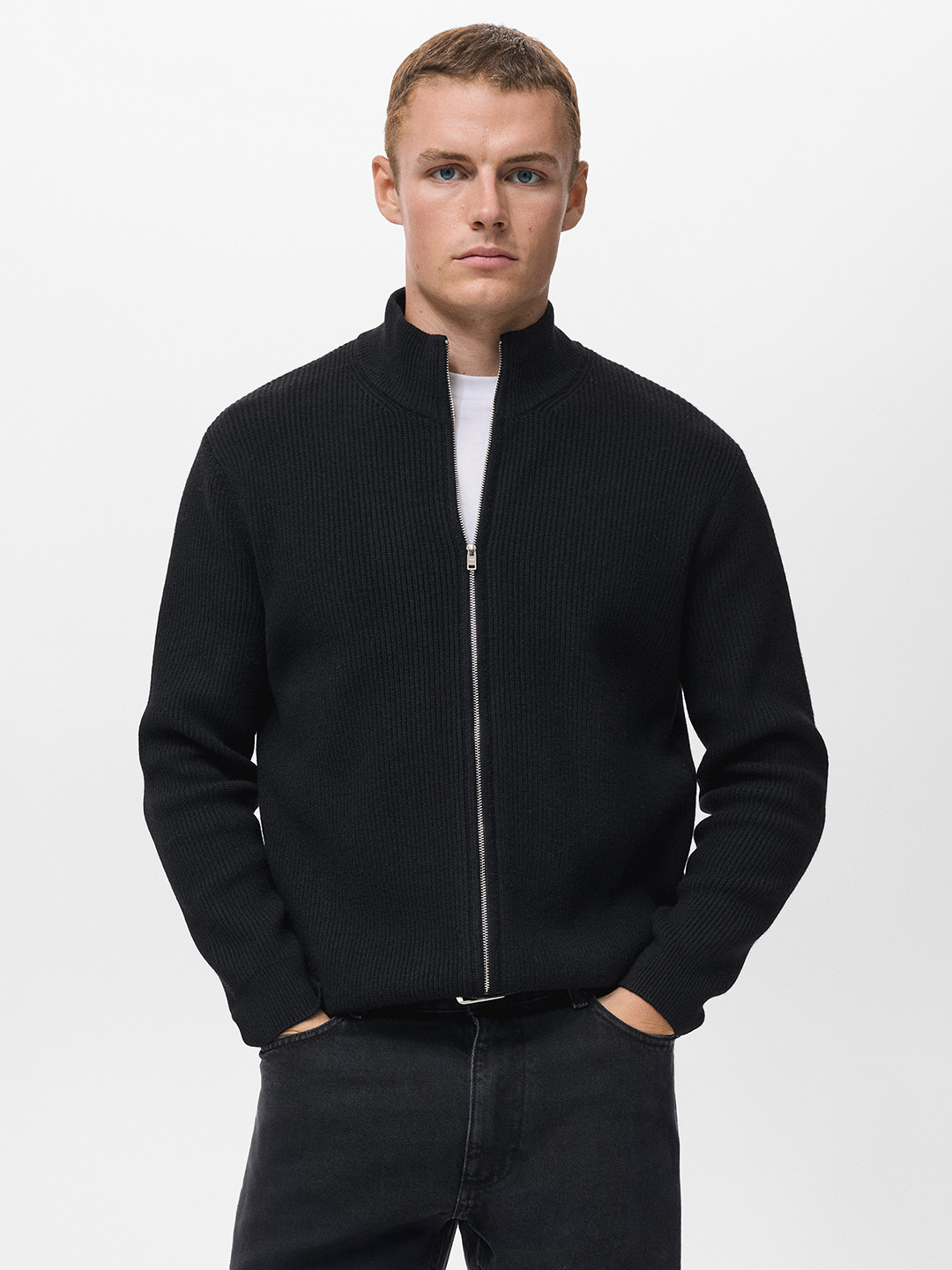 MANGO MAN Ribbed Mock Collar Cardigan