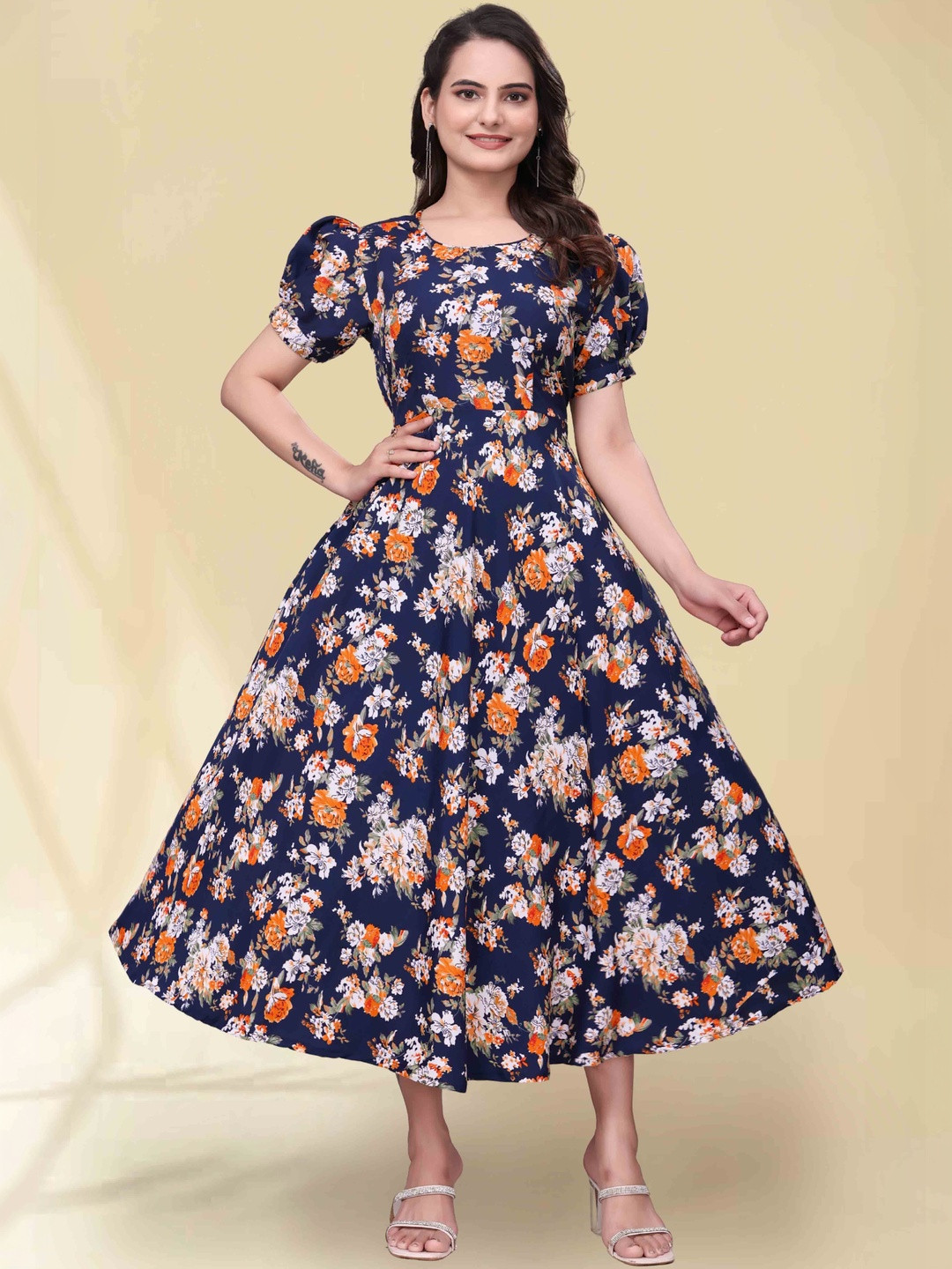 QENA Floral Print Puff Sleeve Applique Georgette Fit & Flare Midi Dress