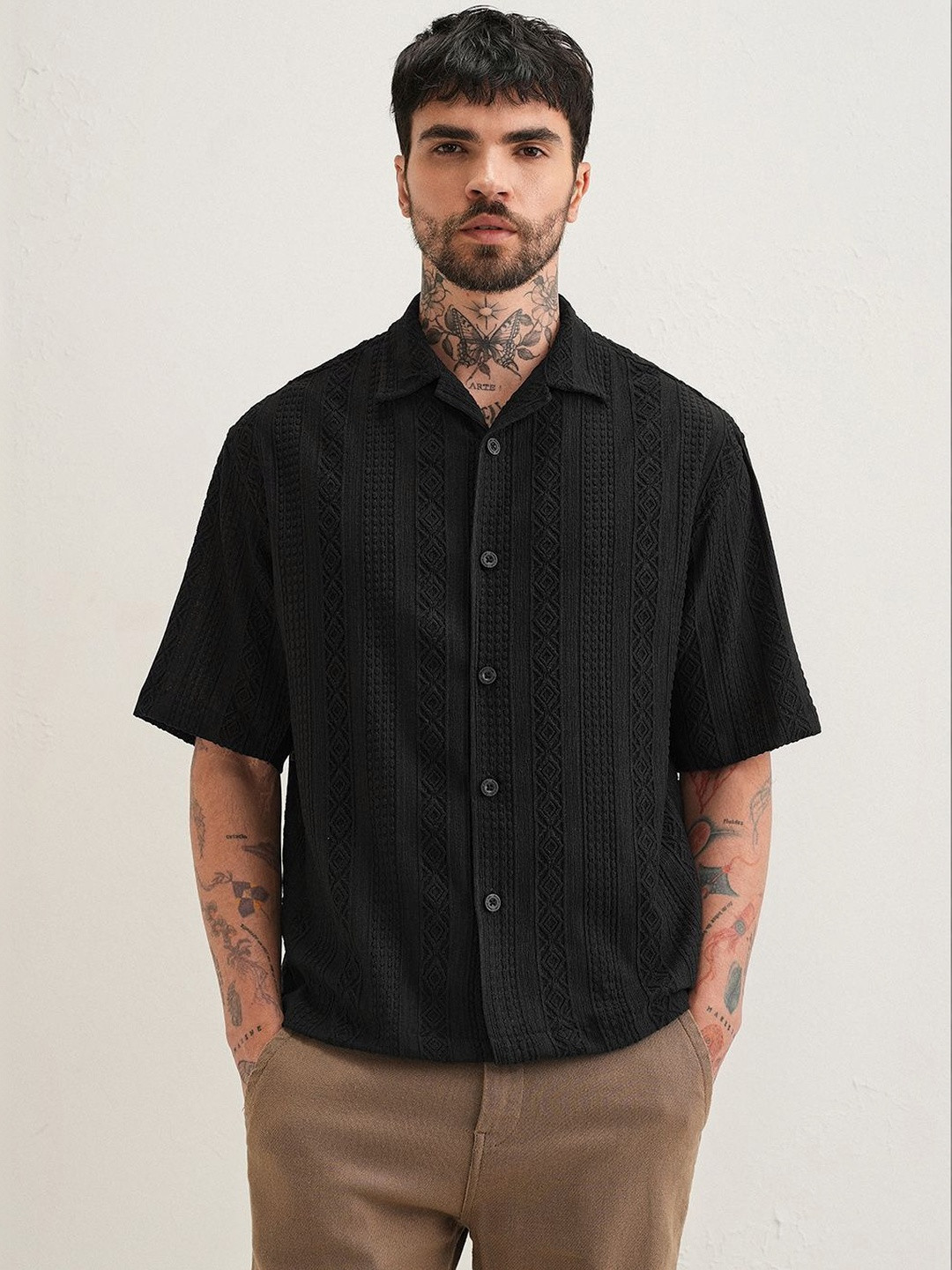Banana Club Geometric Textured Polyester Short Sleeves Boxy Fit Shirt