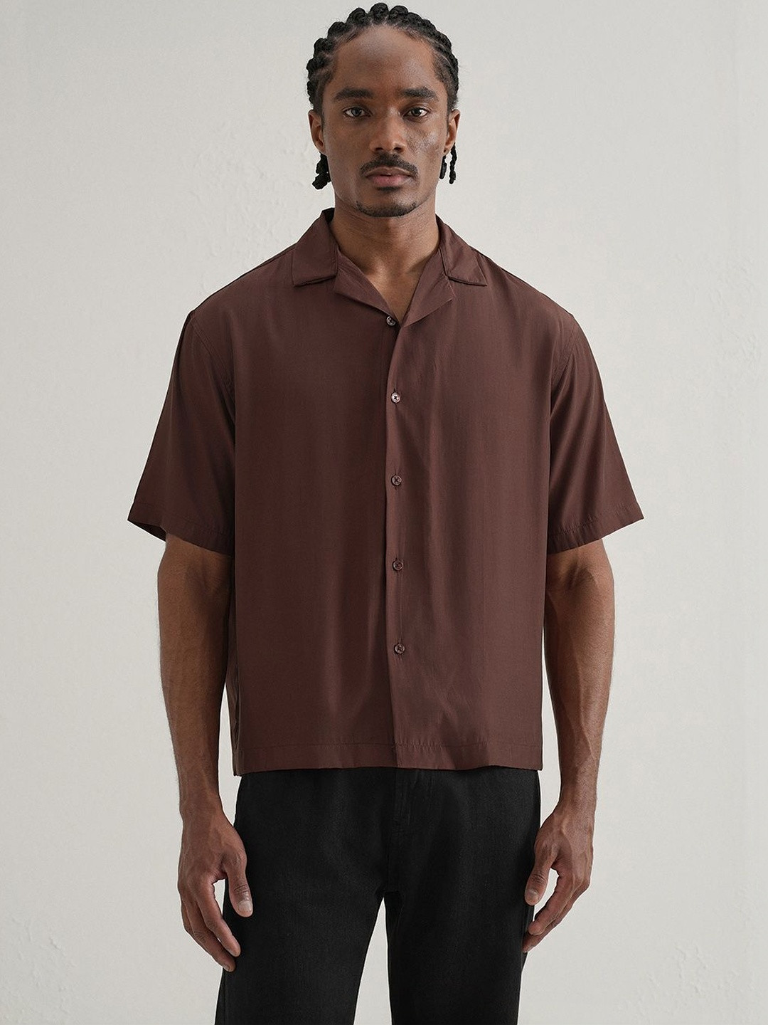Banana Club Plain Sheen Polyester Short Sleeves Boxy Fit Shirt