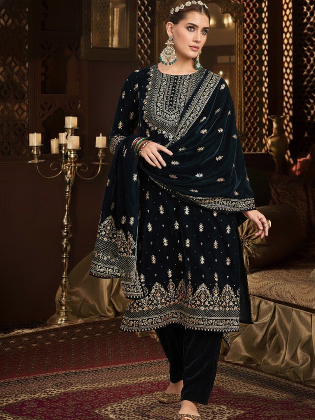 Varanga Women Ethnic Motifs Embroidered Thread Work Velvet Kurta Trousers With Dupatta