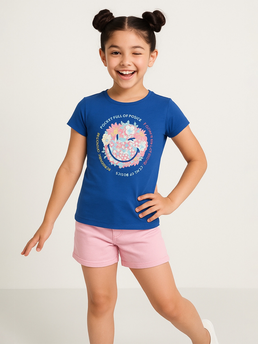 TALES & STORIES Girls Royal Blue Graphic Printed Lycra Round Neck Short Sleeves Regular Fit T-shirt