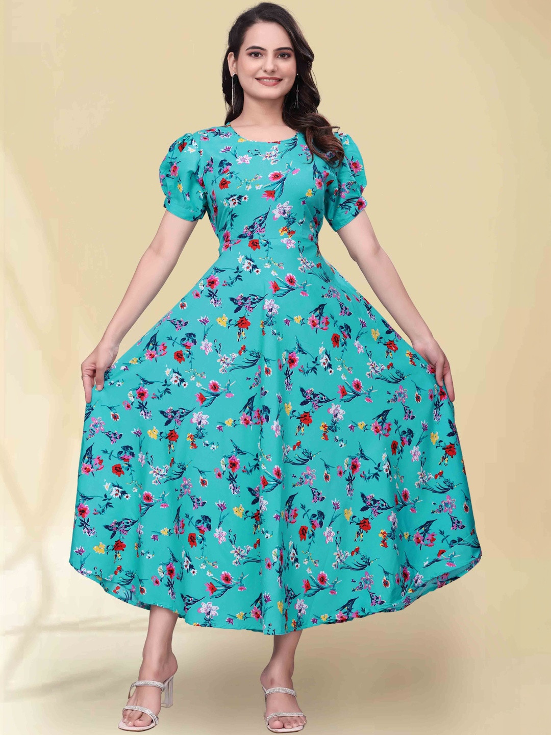 QENA Floral Print Puff Sleeve Georgette Fit & Flare Midi Dress