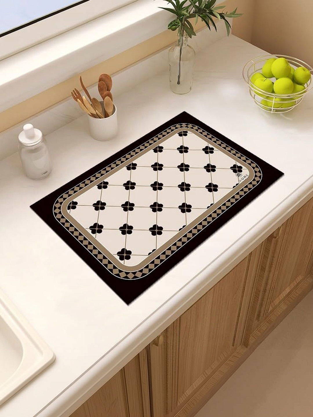 HomeCloud Beige & Black Printed Rubber Anti Slip Kitchen Mat