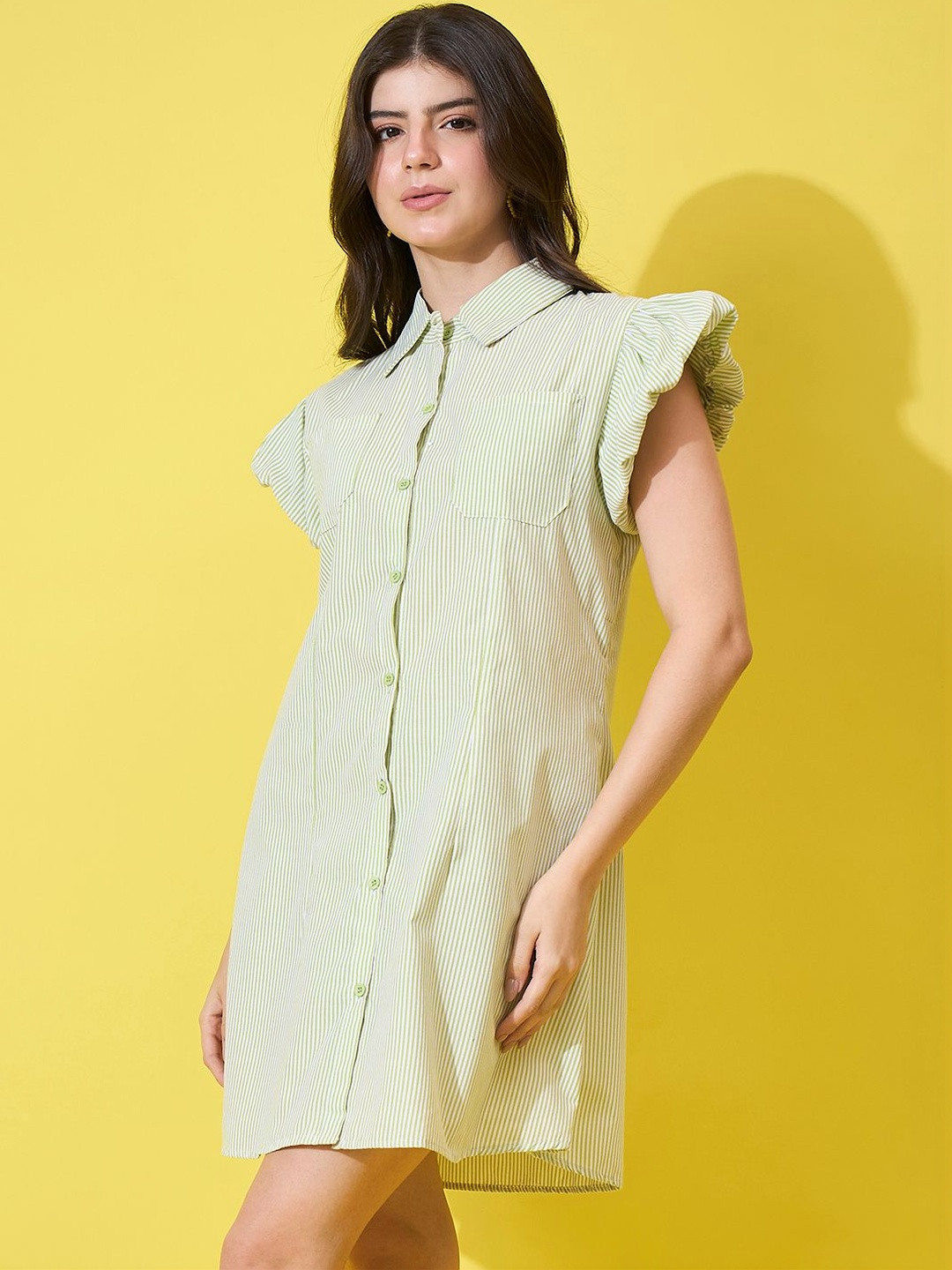 IQOA Striped Flutter Sleeve Ruffled Shirt Dress