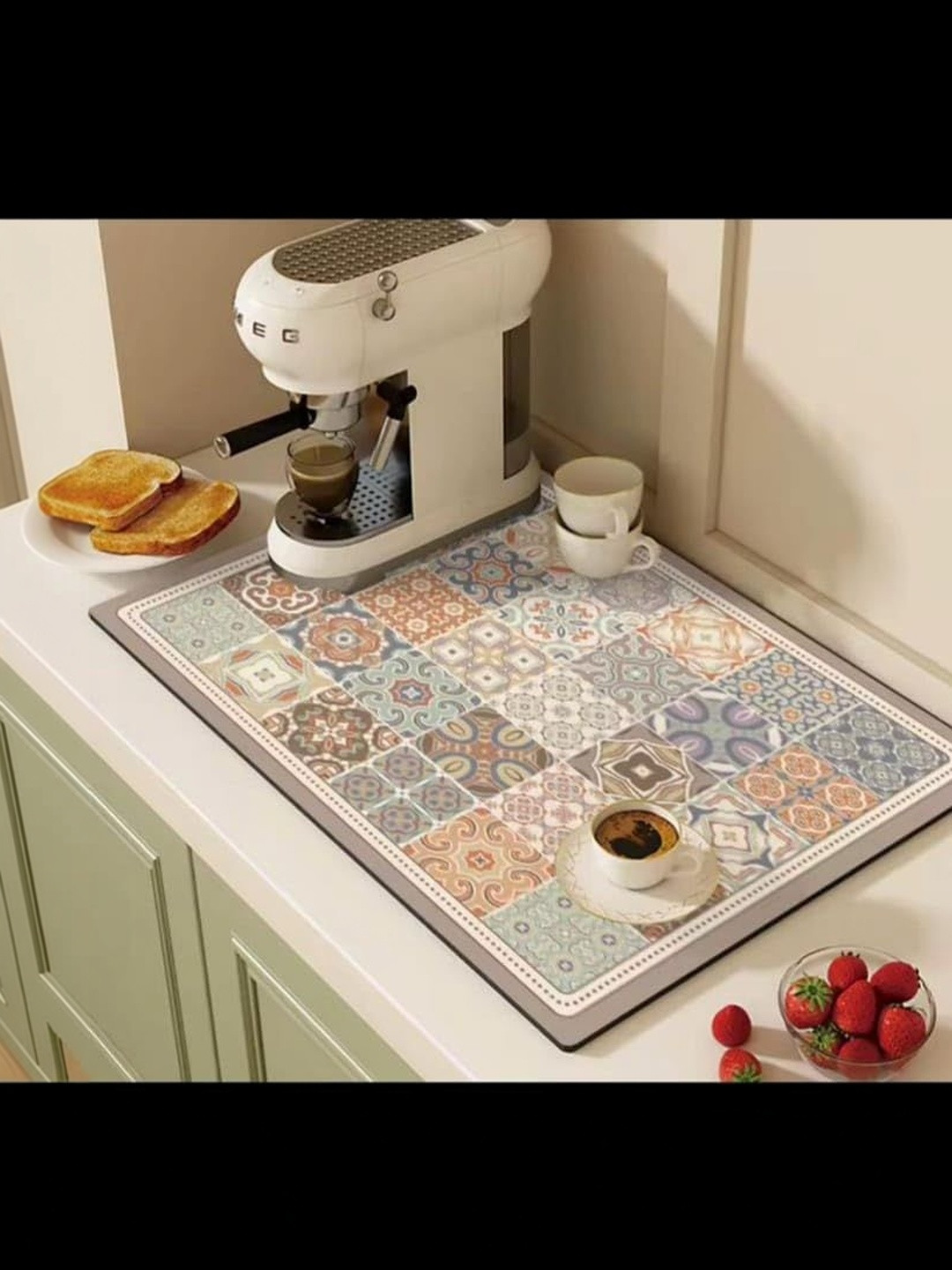 HomeCloud Khaki & White Printed Rubber Anti-Skid Kitchen Mat