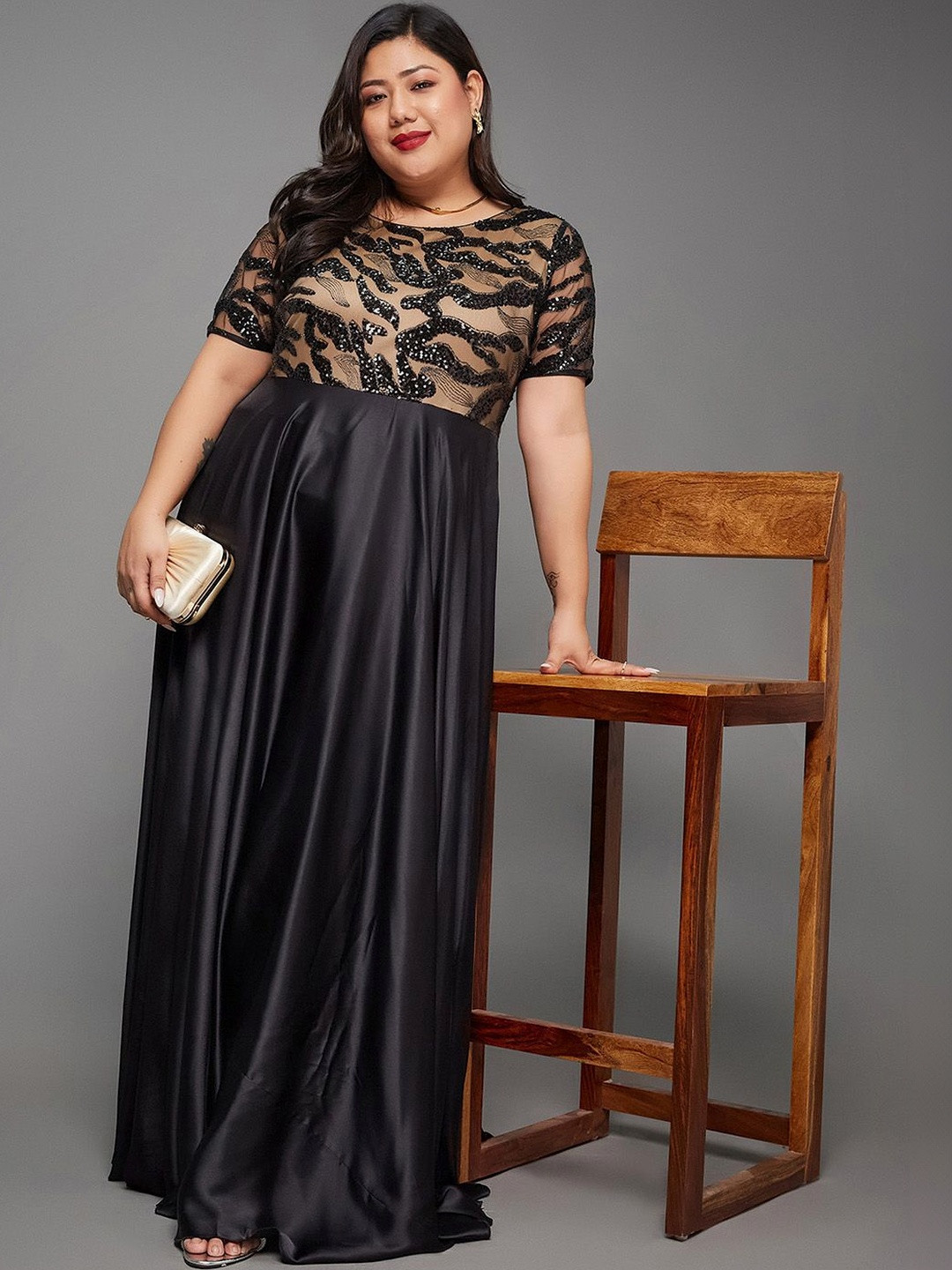 Miss Chase A+ Plus Size Women Boat-Neck Short-Sleeve Abstract Fit & Flare Satin Maxi Dress